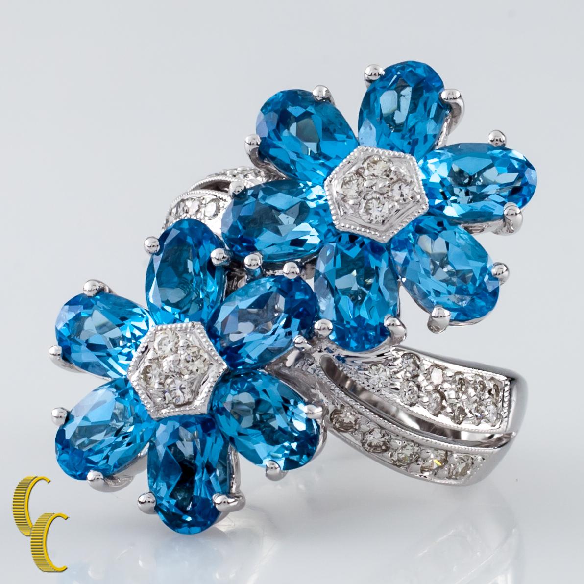 6.42 Carat Blue Topaz Flower Ring with Diamond Accents in White Gold In Good Condition For Sale In Sherman Oaks, CA