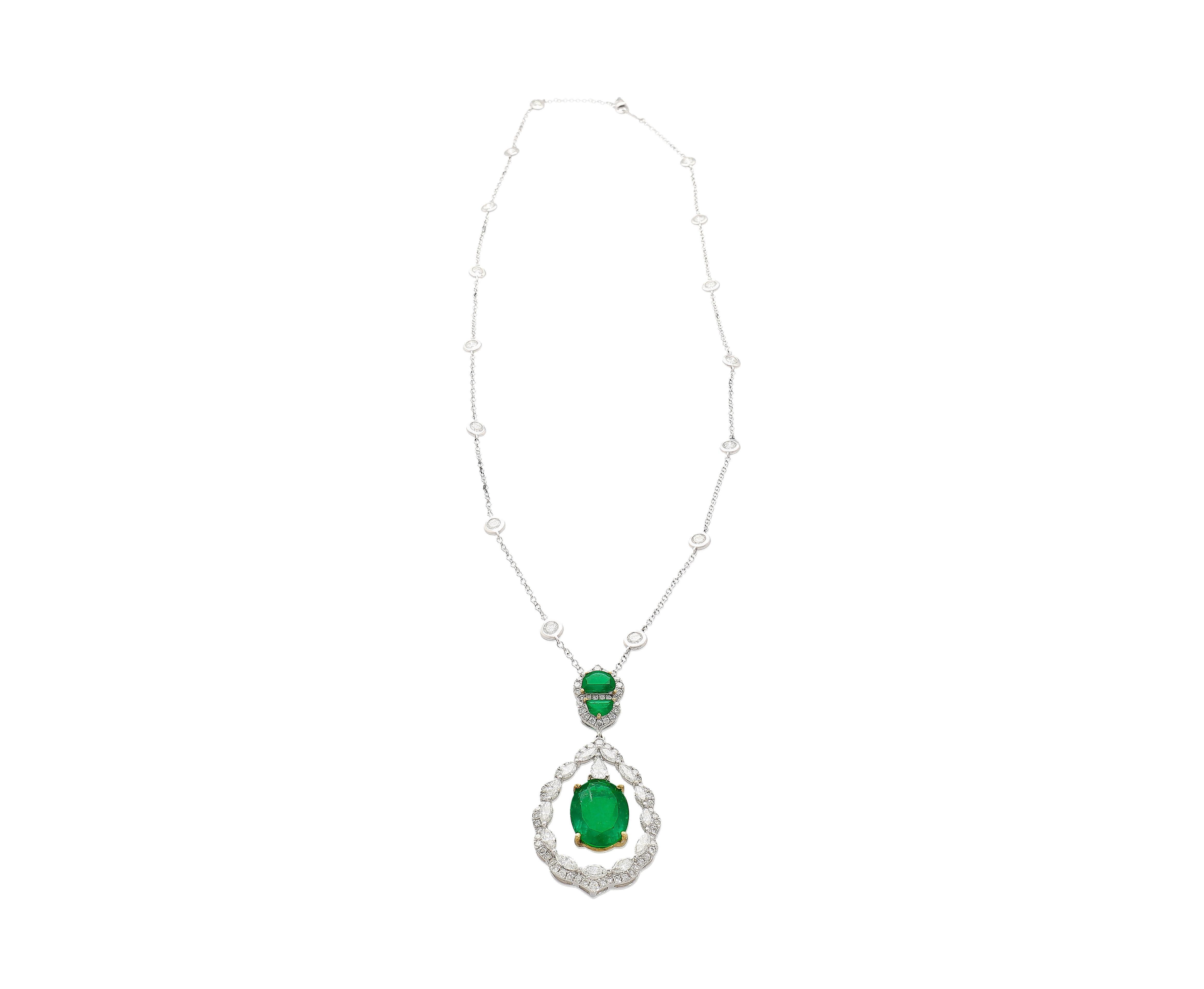 6.42 Carat Floating Emerald with Diamond & Emeralds in 18K Pendant Necklace For Sale 4