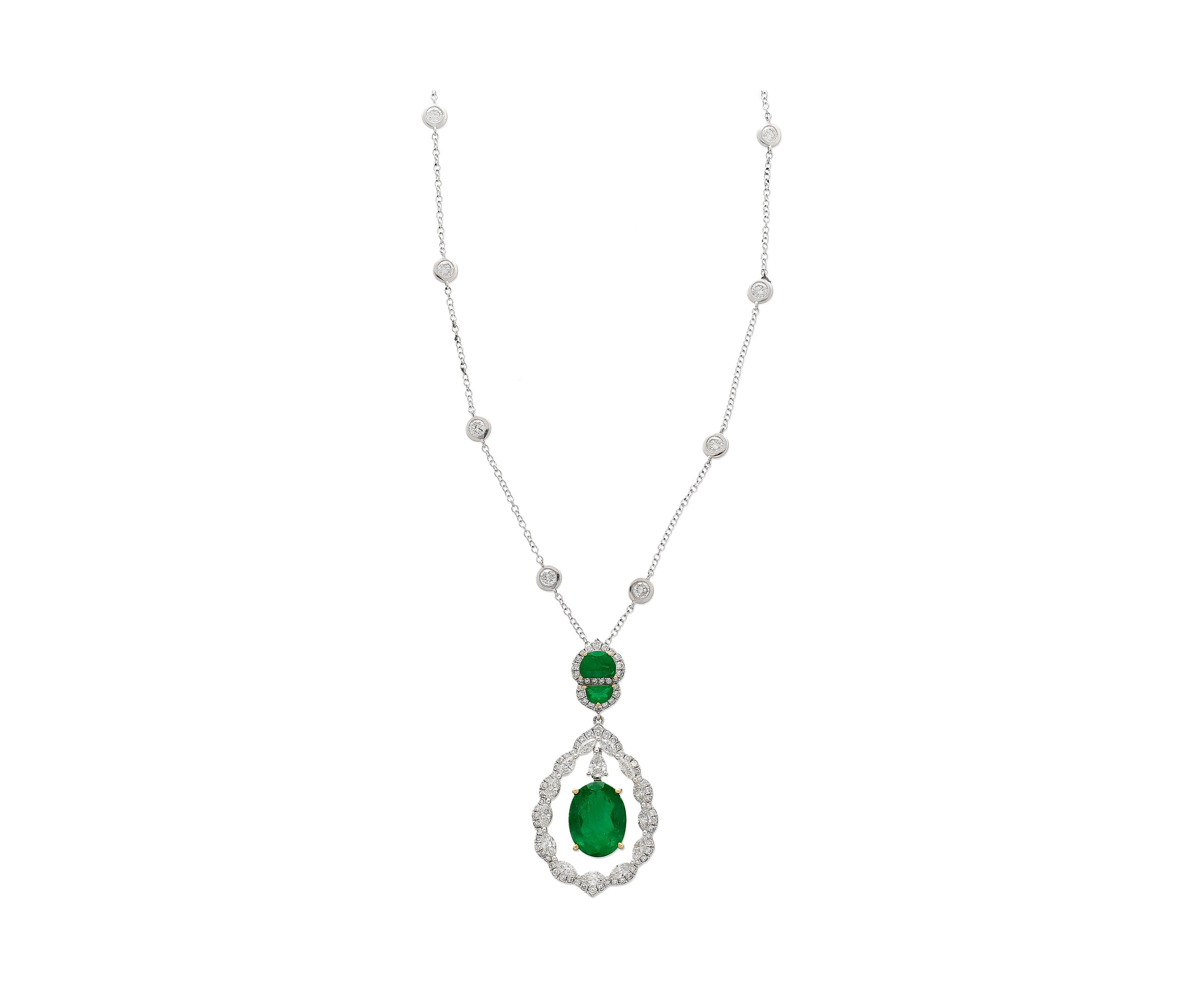 6.42 Carat Floating Emerald with Diamond & Emeralds in 18K Pendant Necklace For Sale 5