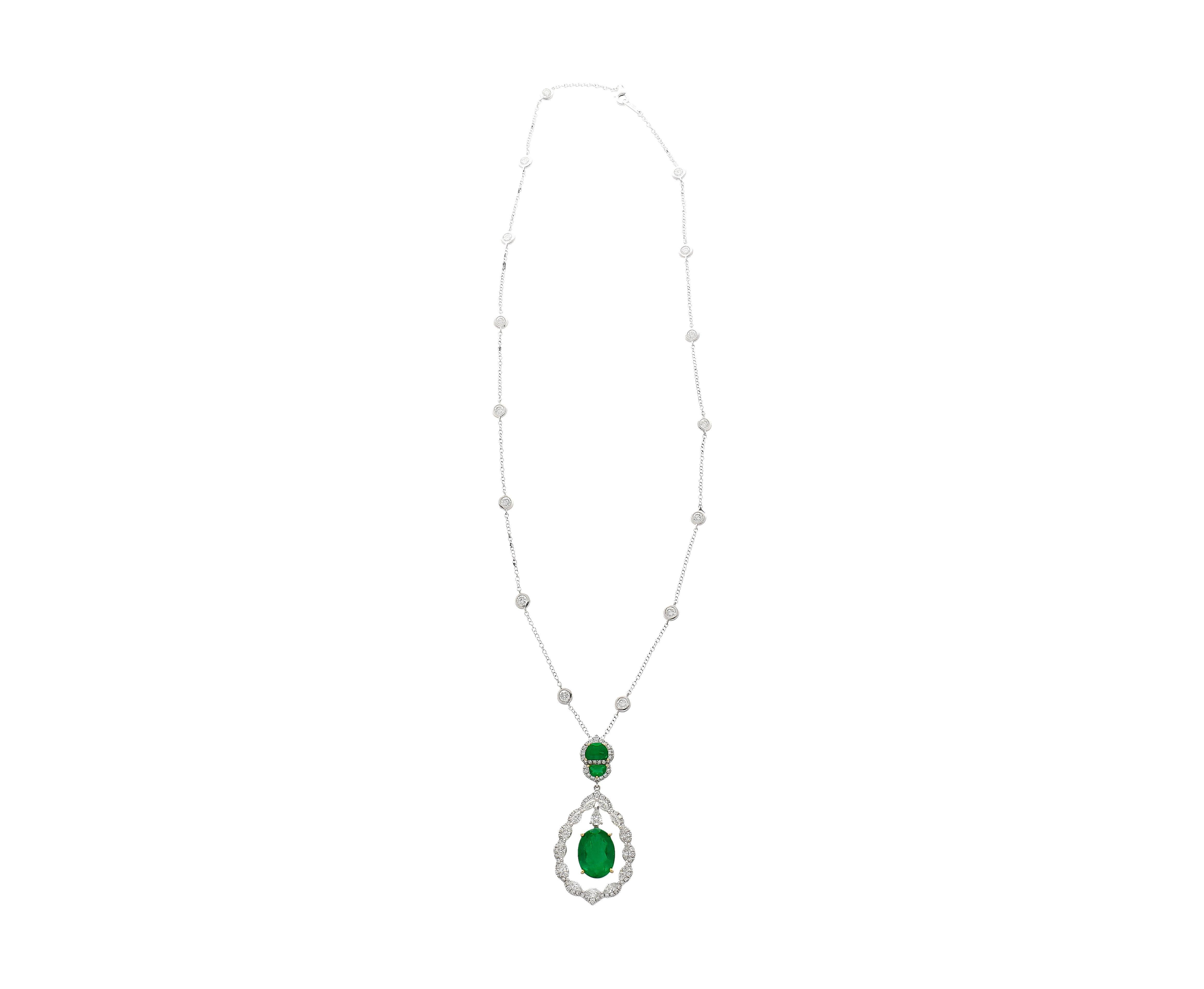 6.42 Carat Floating Emerald with Diamond & Emeralds in 18K Pendant Necklace In New Condition For Sale In Miami, FL