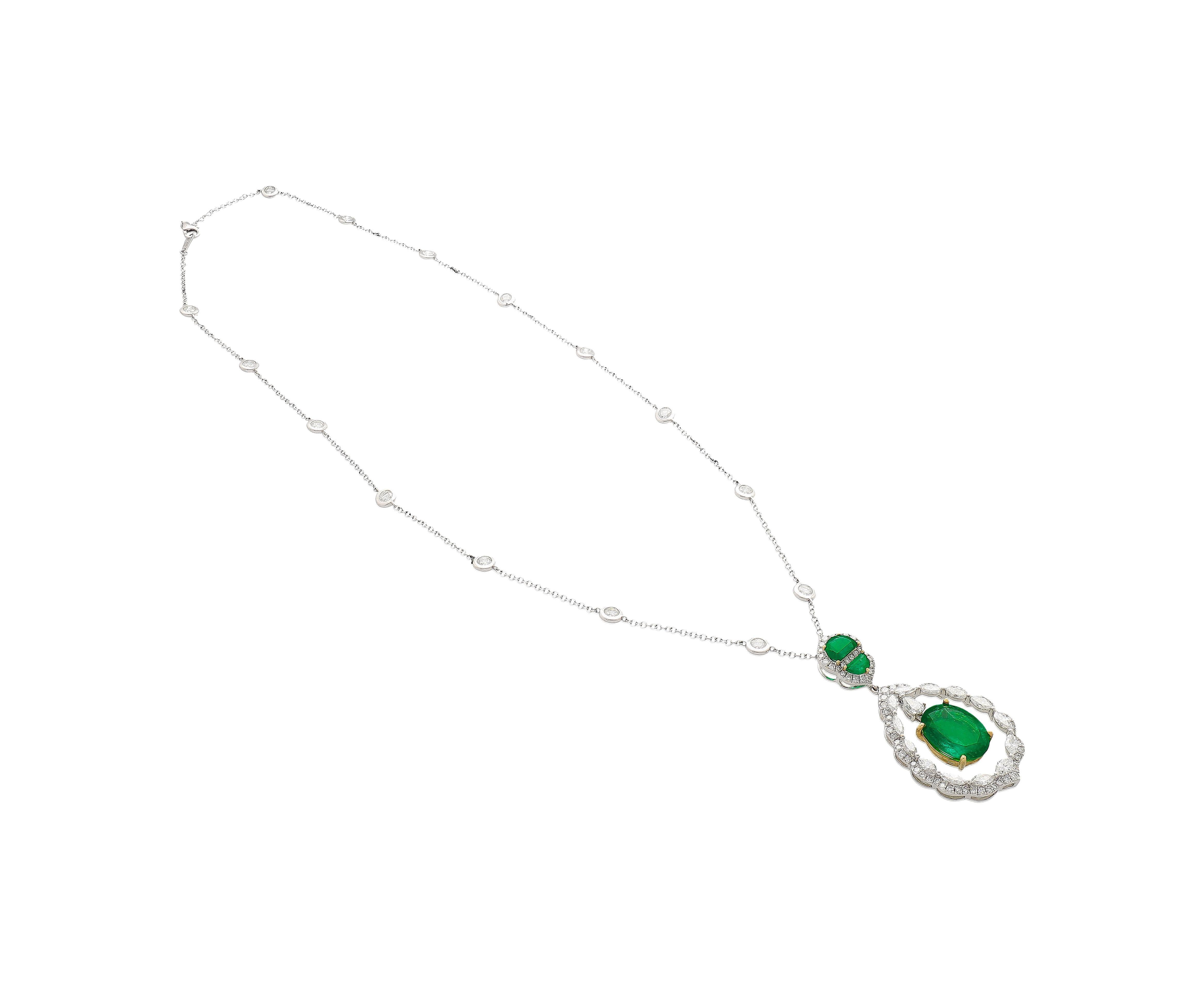 Women's 6.42 Carat Floating Emerald with Diamond & Emeralds in 18K Pendant Necklace For Sale