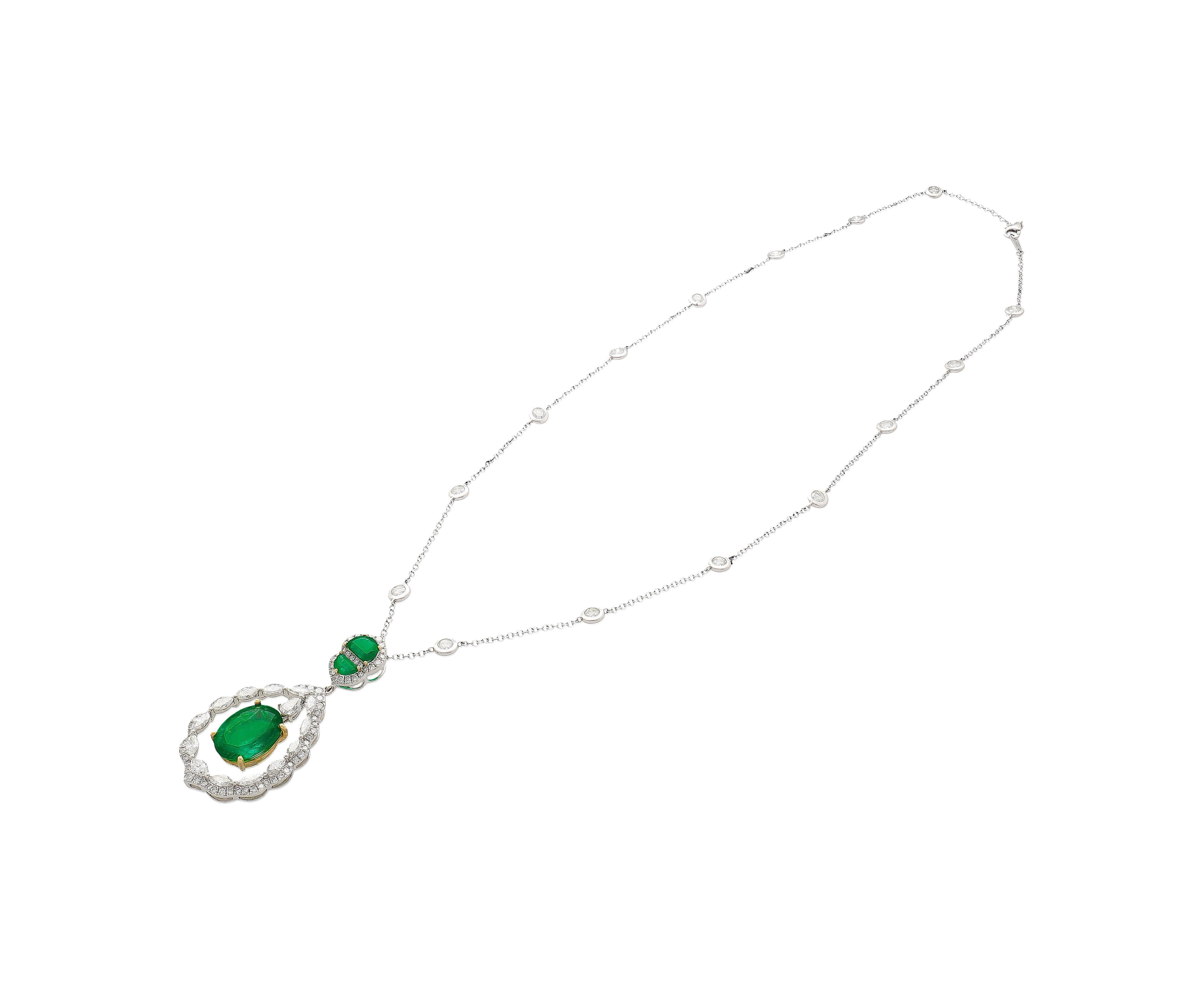 6.42 Carat Floating Emerald with Diamond & Emeralds in 18K Pendant Necklace For Sale 2