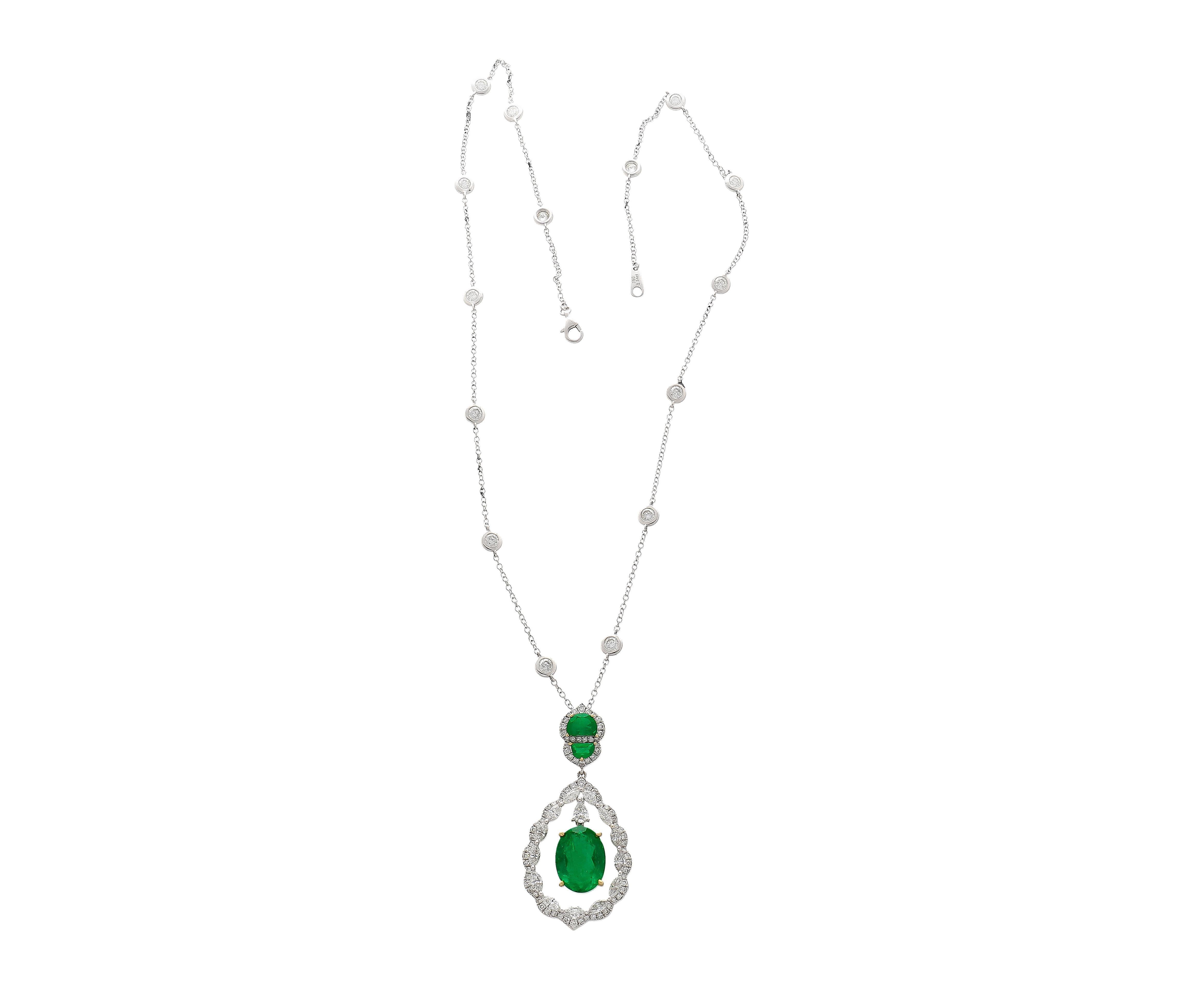 6.42 Carat Floating Emerald with Diamond & Emeralds in 18K Pendant Necklace For Sale 3