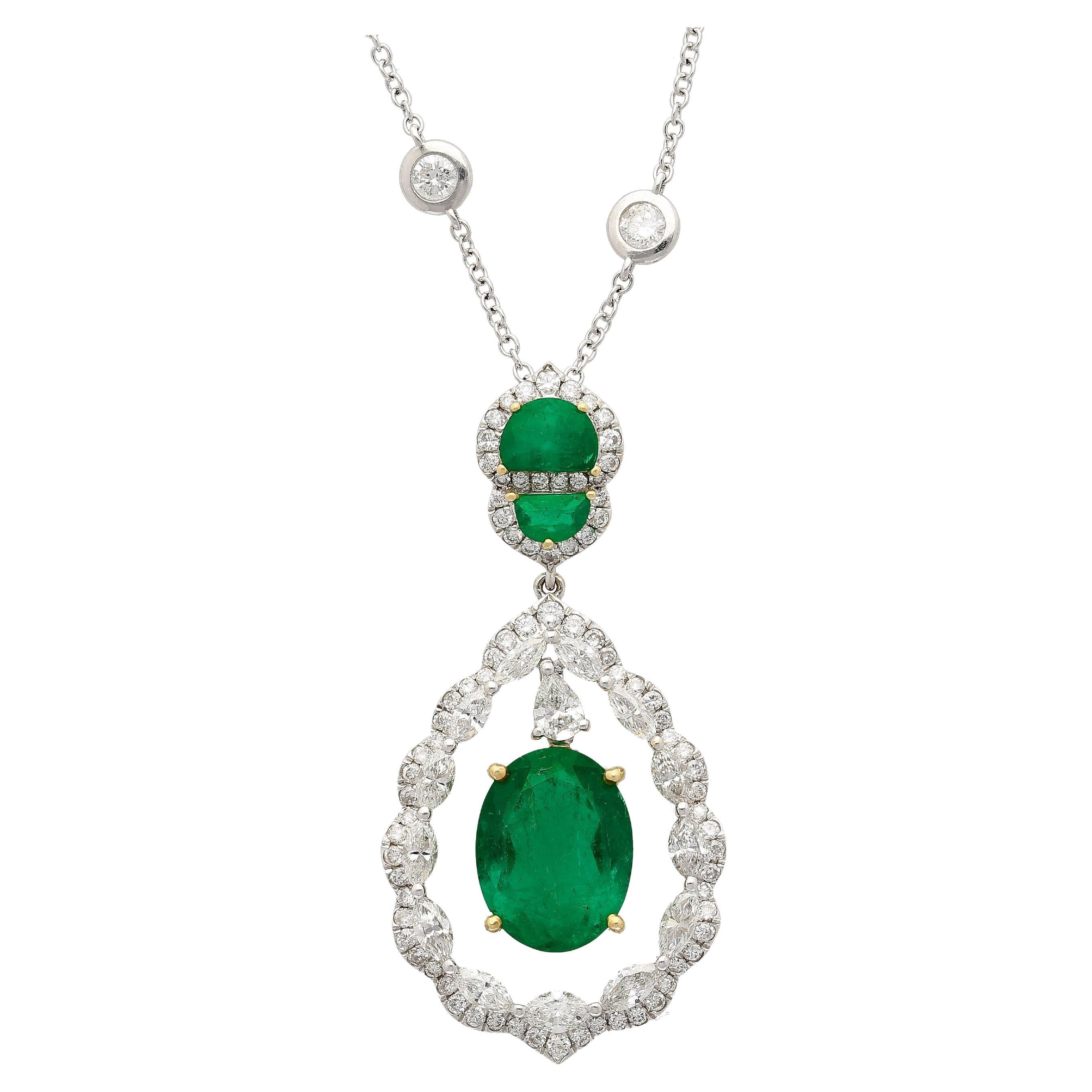 6.42 Carat Floating Emerald with Diamond & Emeralds in 18K Pendant Necklace