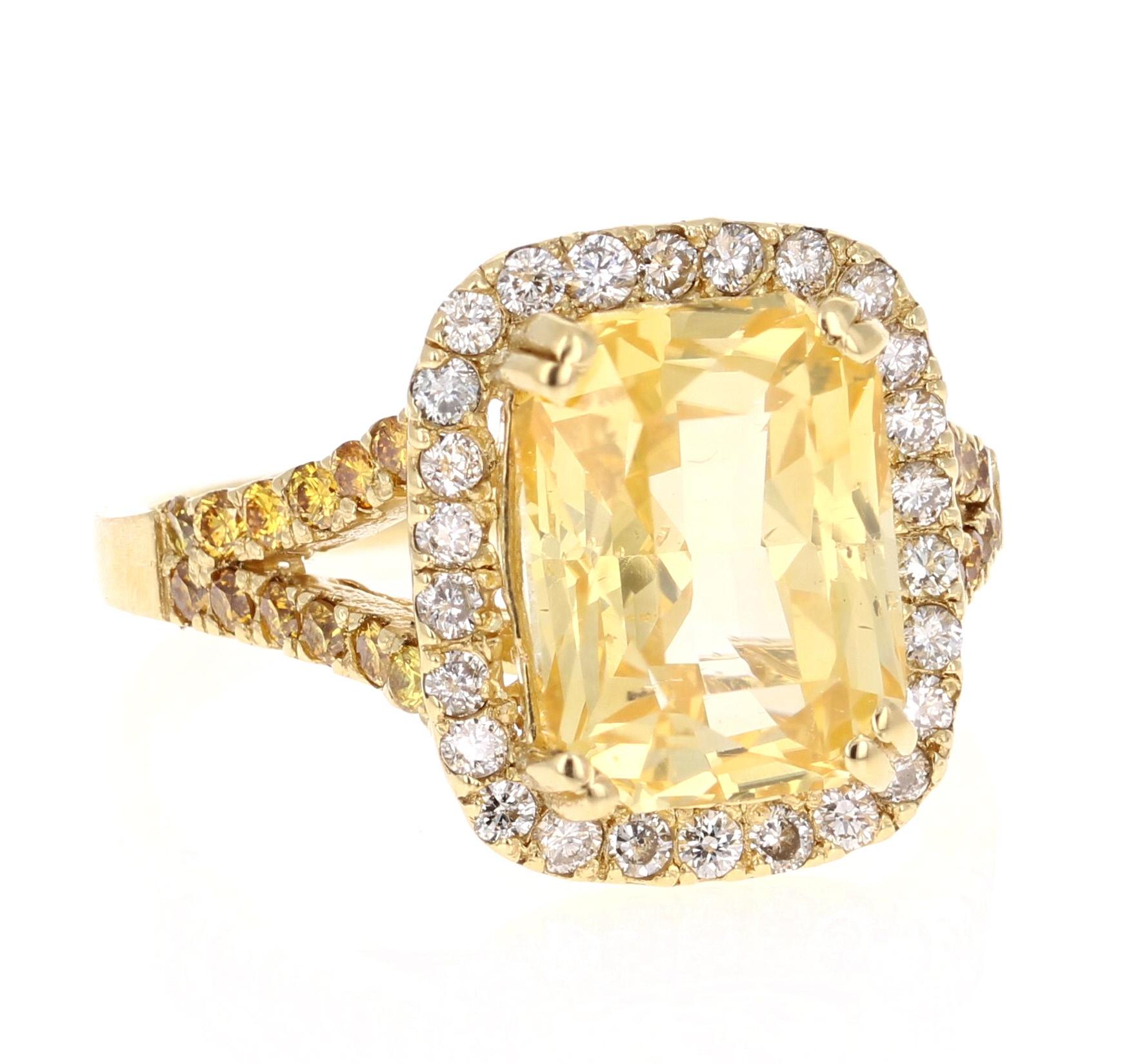 Modern 6.42 Carat GIA Certified Yellow Sapphire and Diamond 18 Karat Yellow Gold Ring