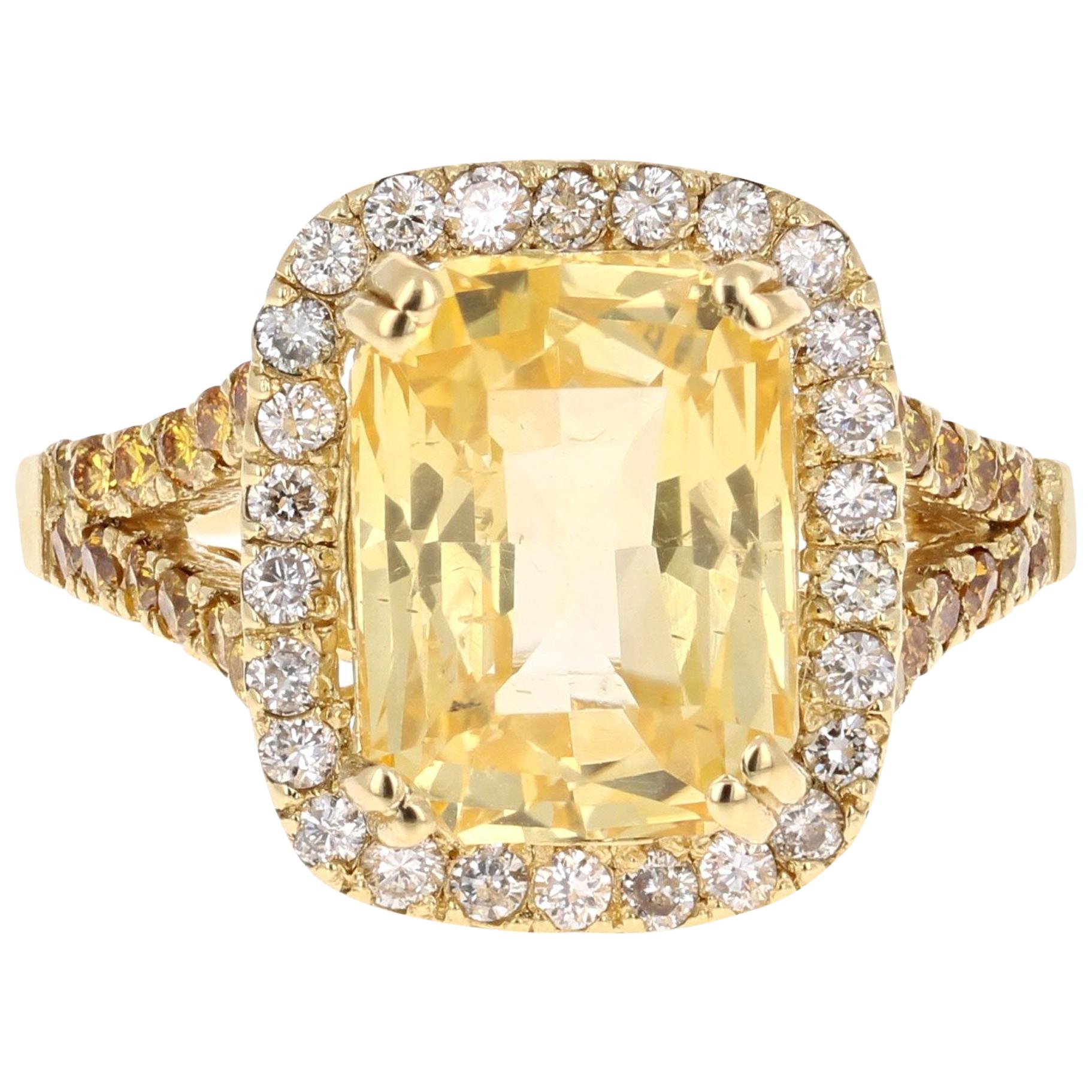 6.42 Carat GIA Certified Yellow Sapphire and Diamond 18 Karat Yellow Gold Ring