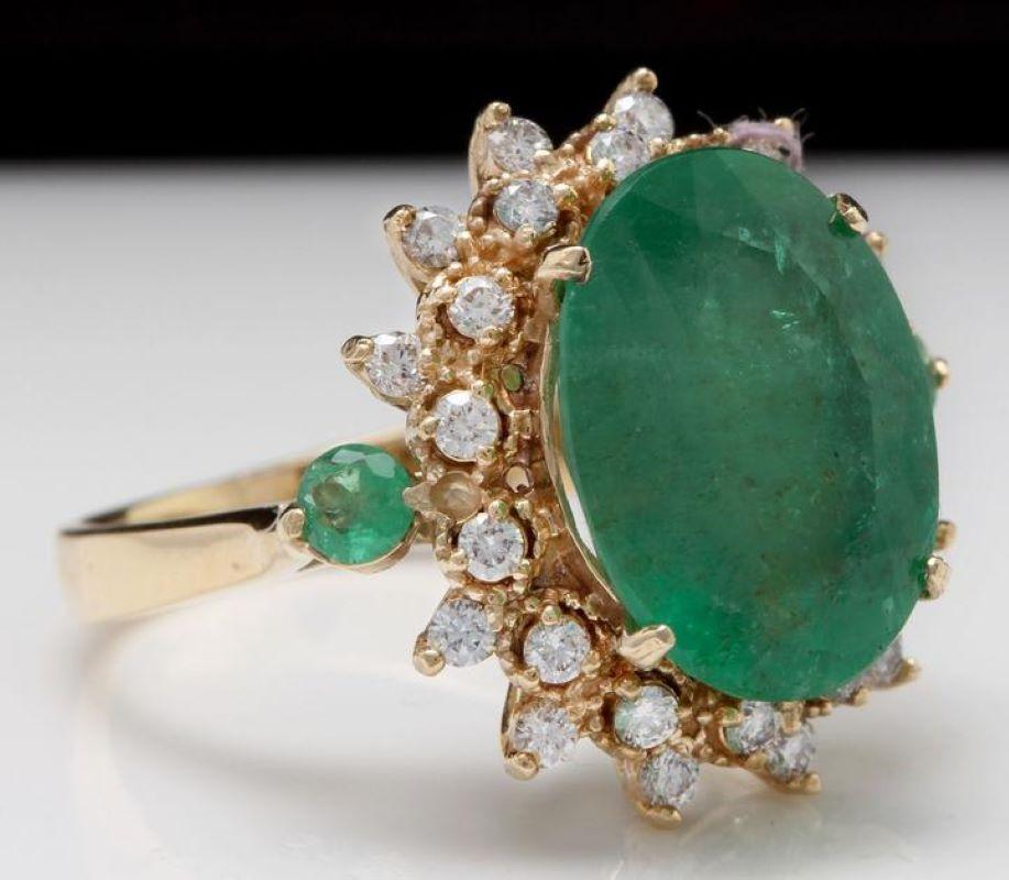 6.42 Carats Natural Emerald and Diamond 14K Solid Yellow Gold Ring

Total Natural Green Emerald Weight is: 5.67 Carats

Emerald Measures: 13.90 x 10.76mm

Natural Round Diamonds Weight: .75 Carats (color G / Clarity SI1)

Ring size: 7 (we offer free