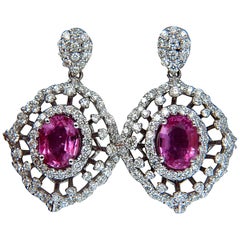 6.42 Carat Natural Intense Fancy Pink Sapphire Diamonds Dangle Earrings 14 Karat