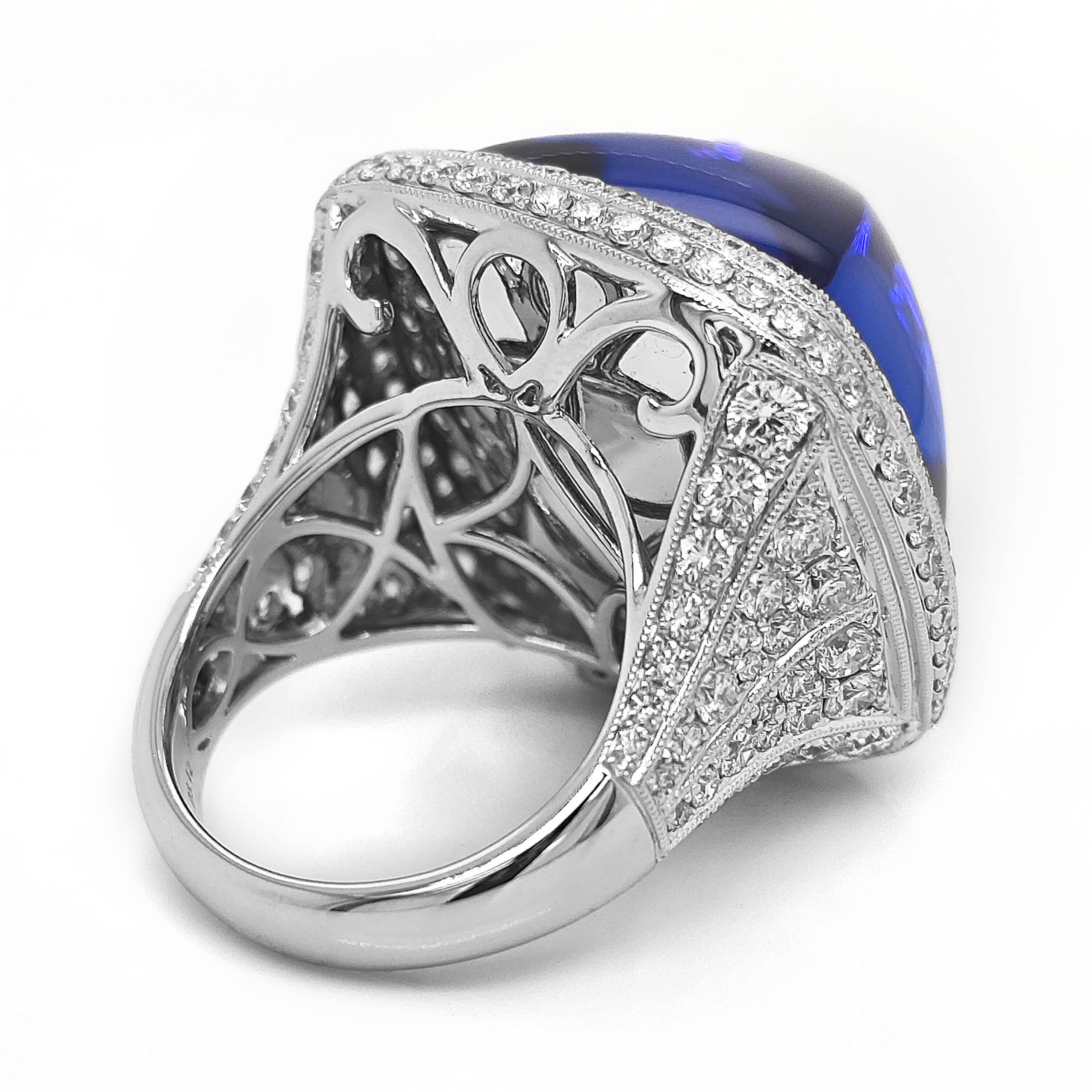 Mixed Cut 64.2 Carat Tanzanite and Diamond White Gold Ring For Sale