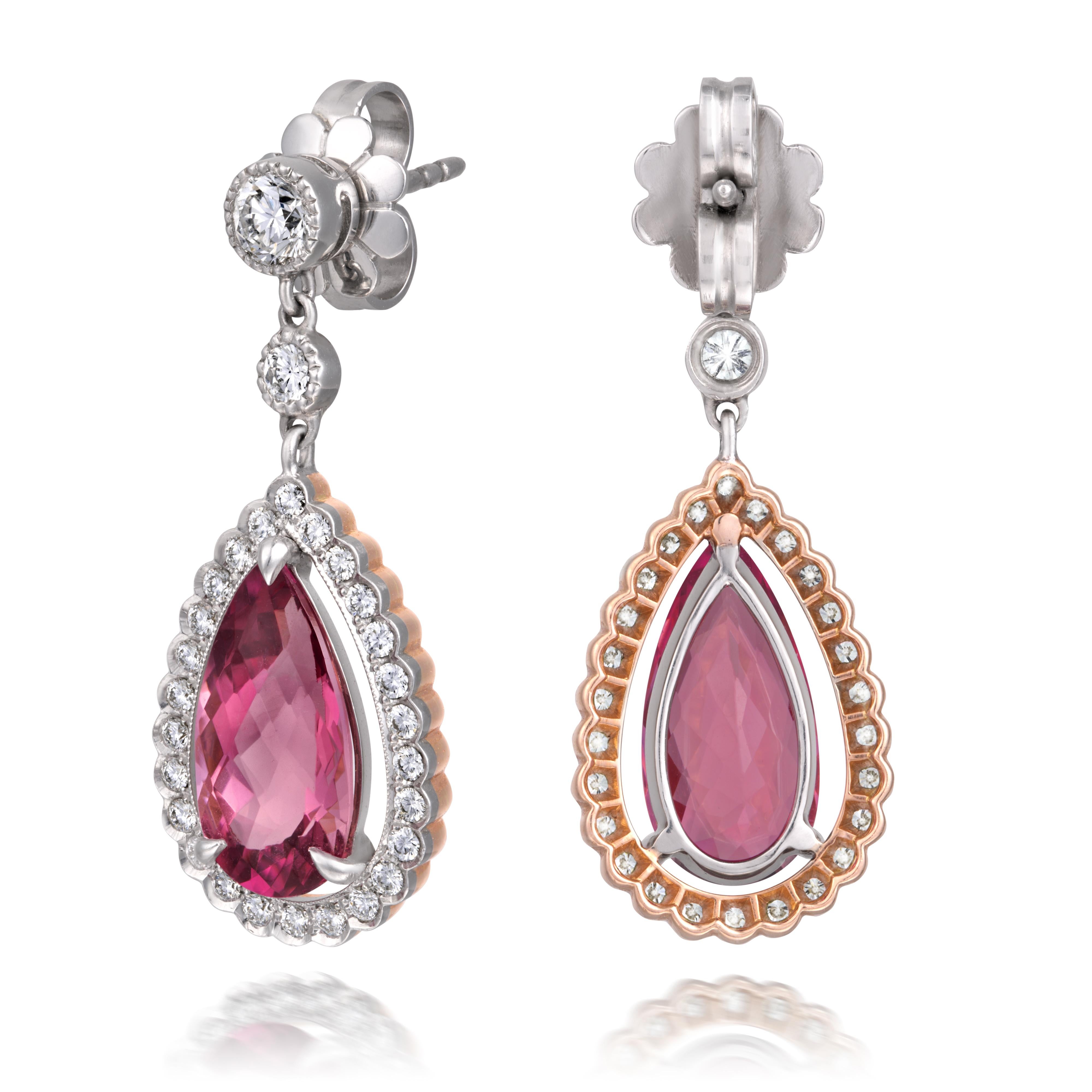 Mixed Cut Natural 6.42 Carats Pink Tourmaline set in Platinum & 18 KYG Earrings Diamonds  For Sale