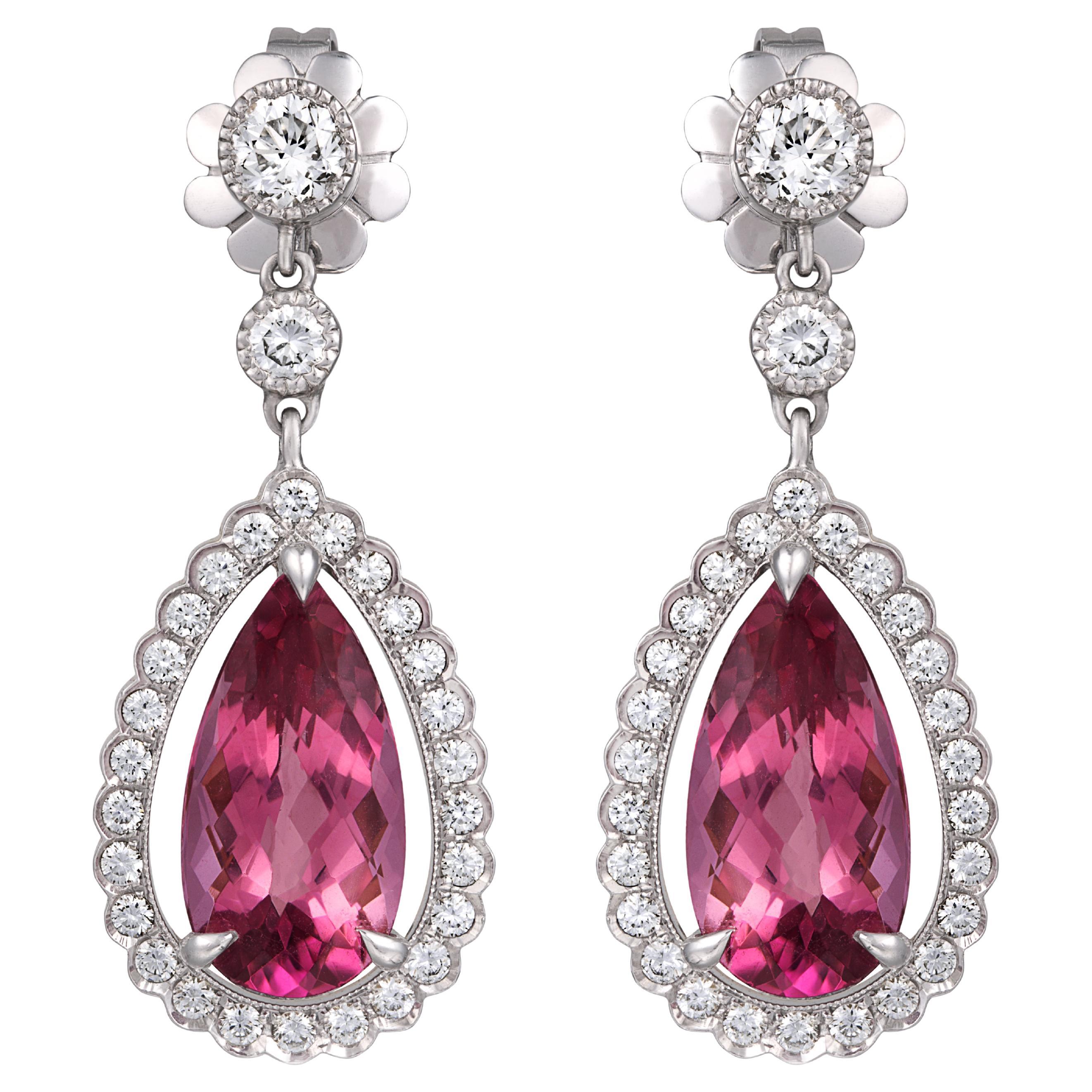 Natural 6.42 Carats Pink Tourmaline set in Platinum & 18 KYG Earrings Diamonds  For Sale