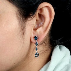 6.42 CT London Blue Topaz Diamond Linear Drop Earrings 14K White Gold