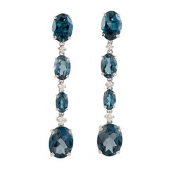 6.42 CT London Blue Topaz Diamond Linear Drop Earrings 14K White Gold