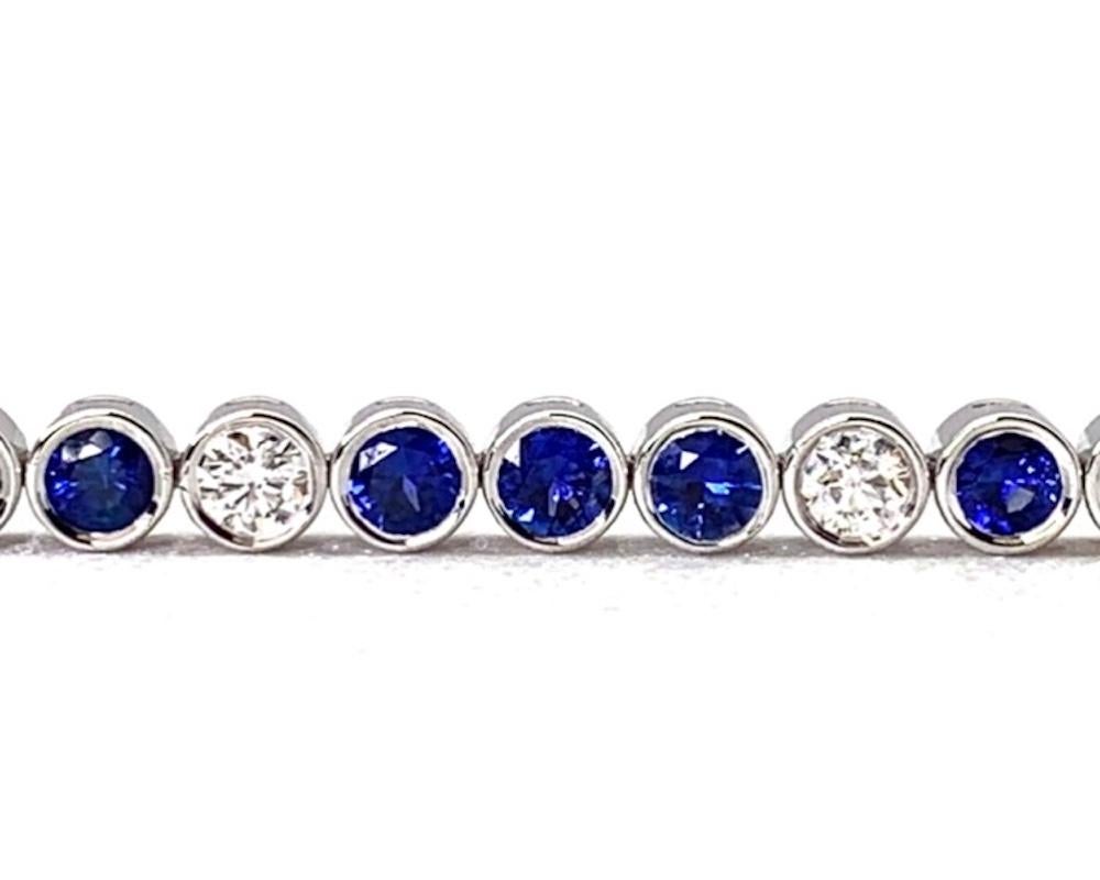 6.42 Carat Total Blue Sapphire and Diamond, White Gold Bezel Set Tennis Bracelet In New Condition In Los Angeles, CA