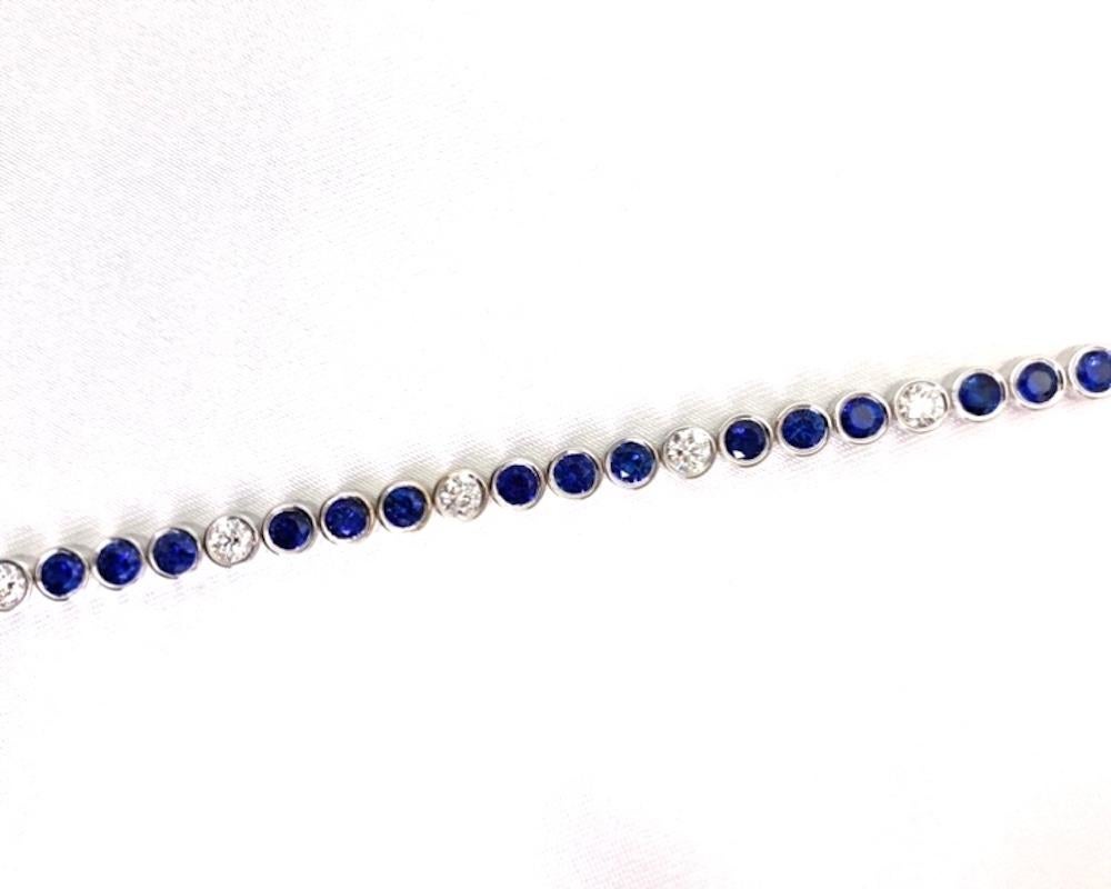 Artisan 6.42 Carat Total Blue Sapphire and Diamond, White Gold Bezel Set Tennis Bracelet