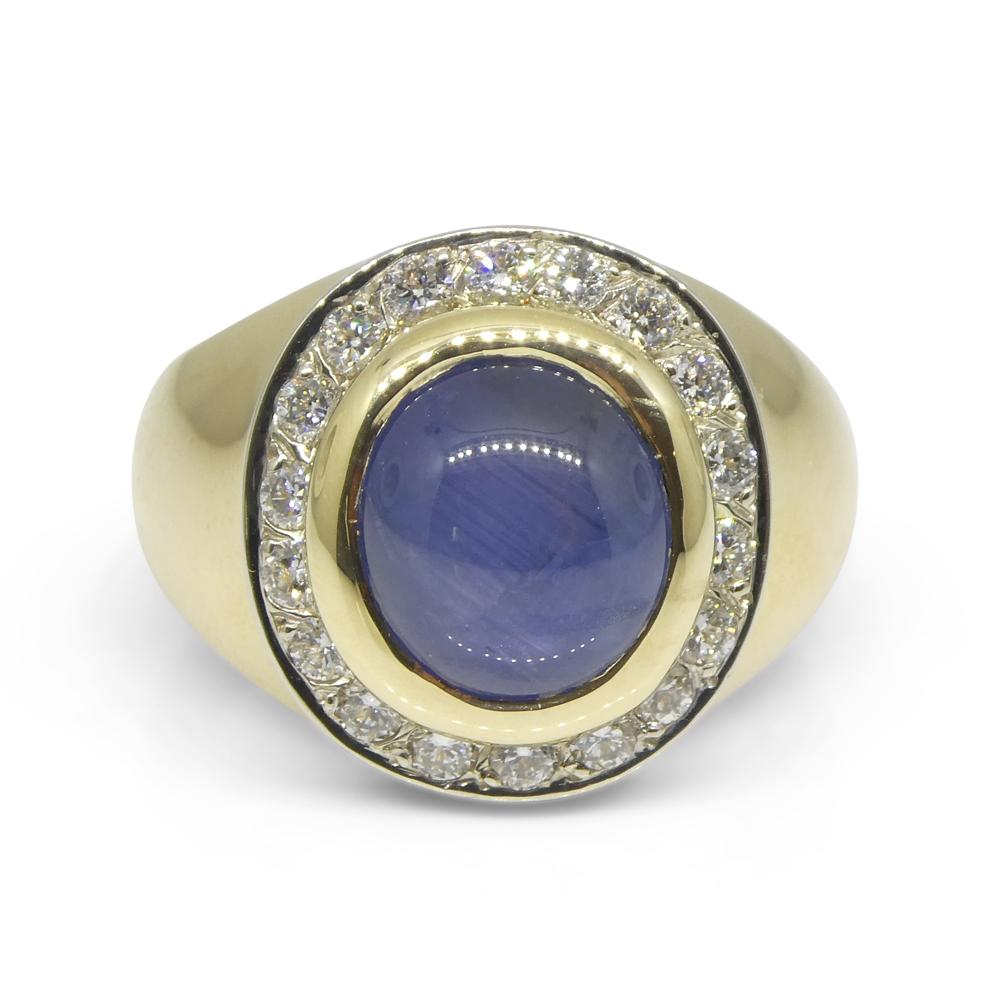 6.42ct Blue Star Sapphire, Diamond Gent's Ring set in 14k Yellow & White Gold For Sale 5