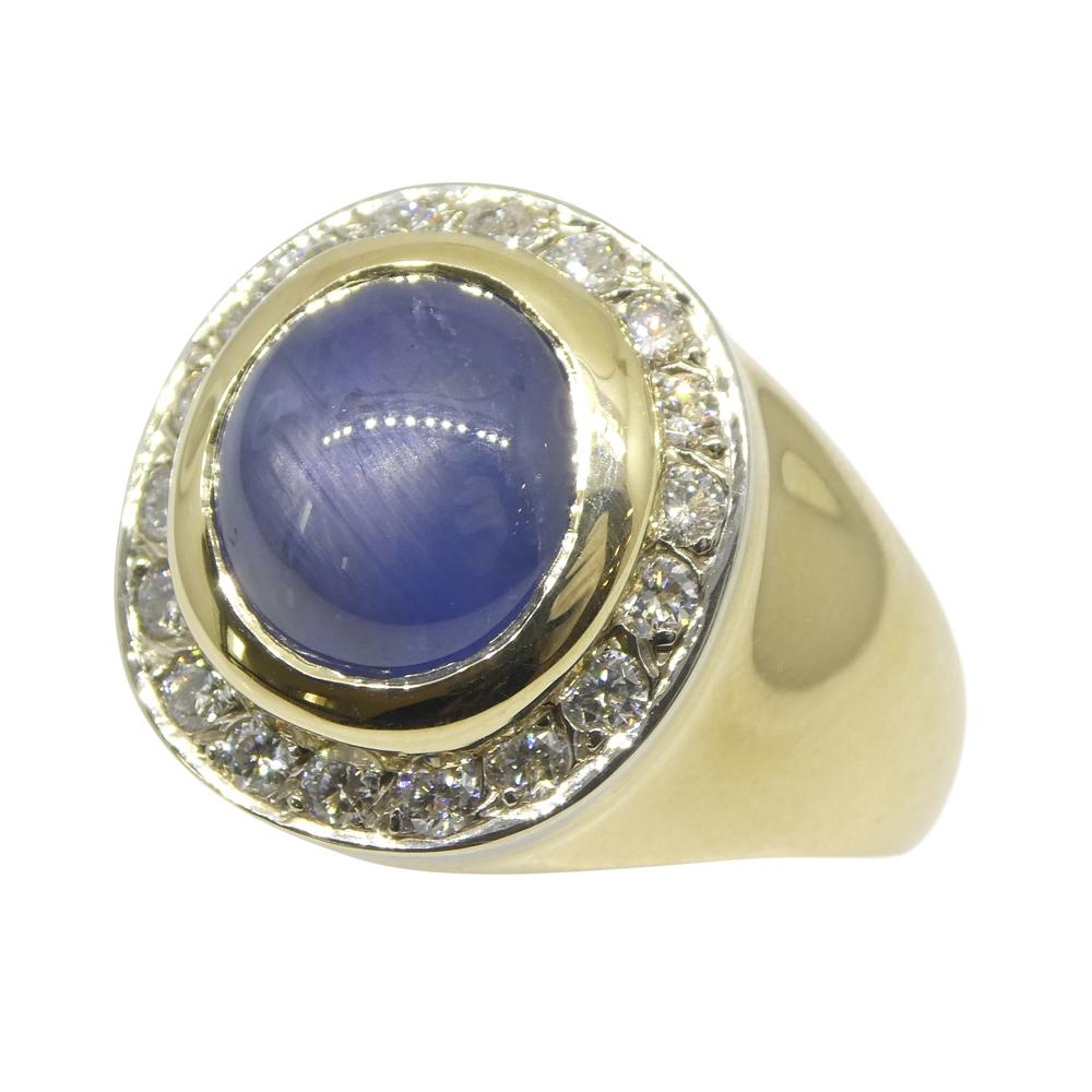 Contemporary 6.42ct Blue Star Sapphire, Diamond Gent's Ring set in 14k Yellow & White Gold For Sale