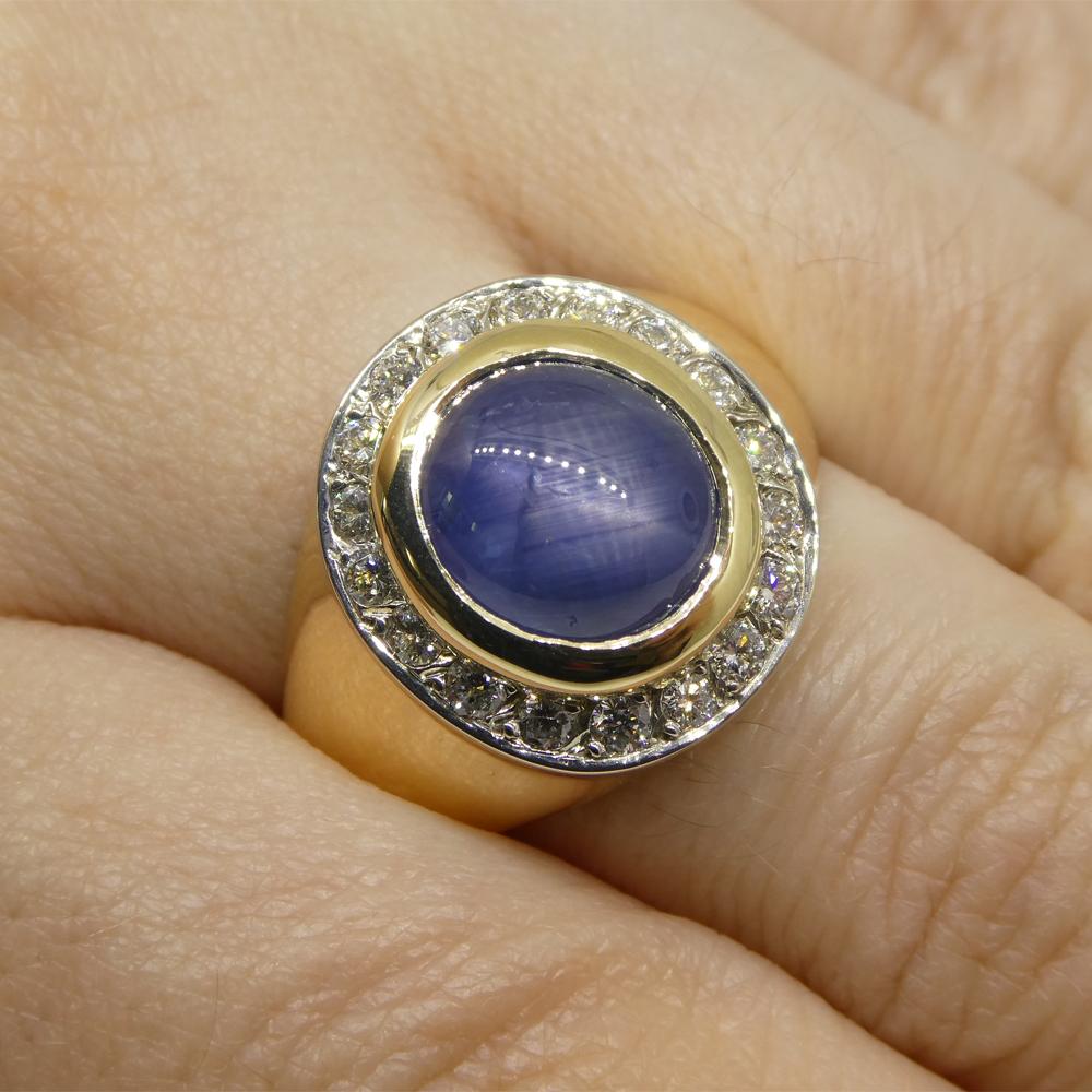 Oval Cut 6.42ct Blue Star Sapphire, Diamond Gent's Ring set in 14k Yellow & White Gold For Sale
