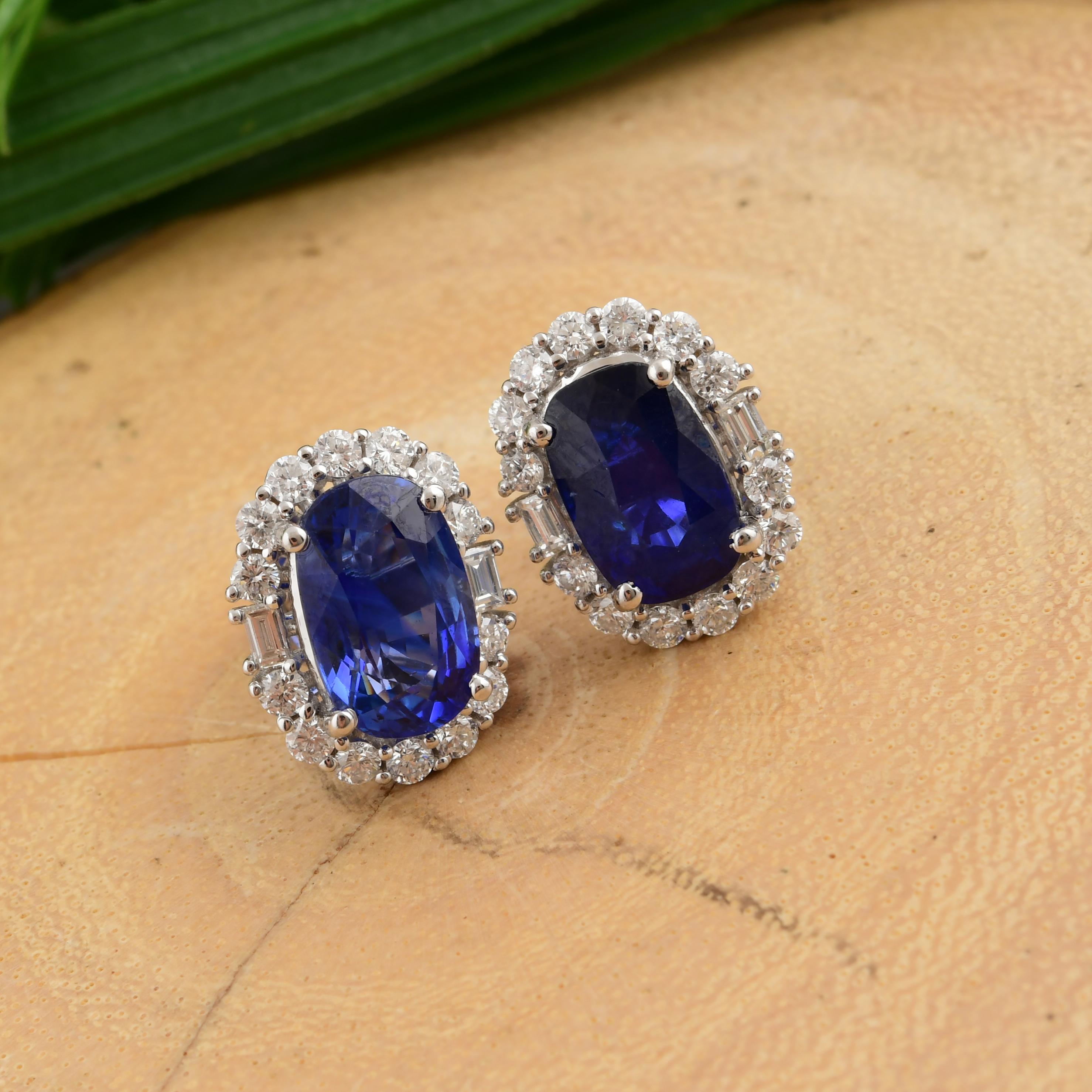 Art Deco 6.42cts Oval Cut Blue Sapphire 1.02cts Halo Diamond Stud Earrings 18k White Gold For Sale