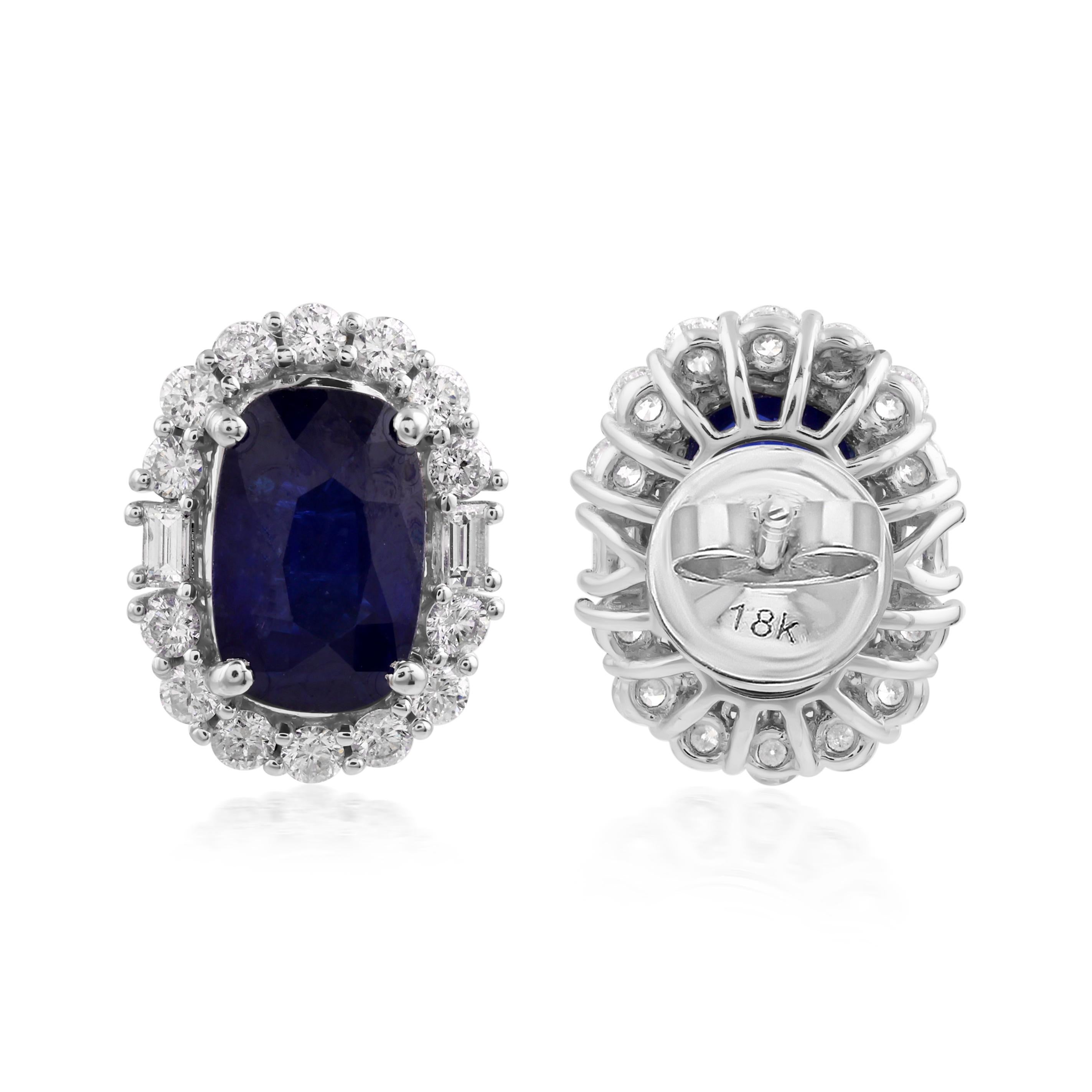 6.42cts Oval Cut Blue Sapphire 1.02cts Halo Diamond Stud Earrings 18k White Gold For Sale 1