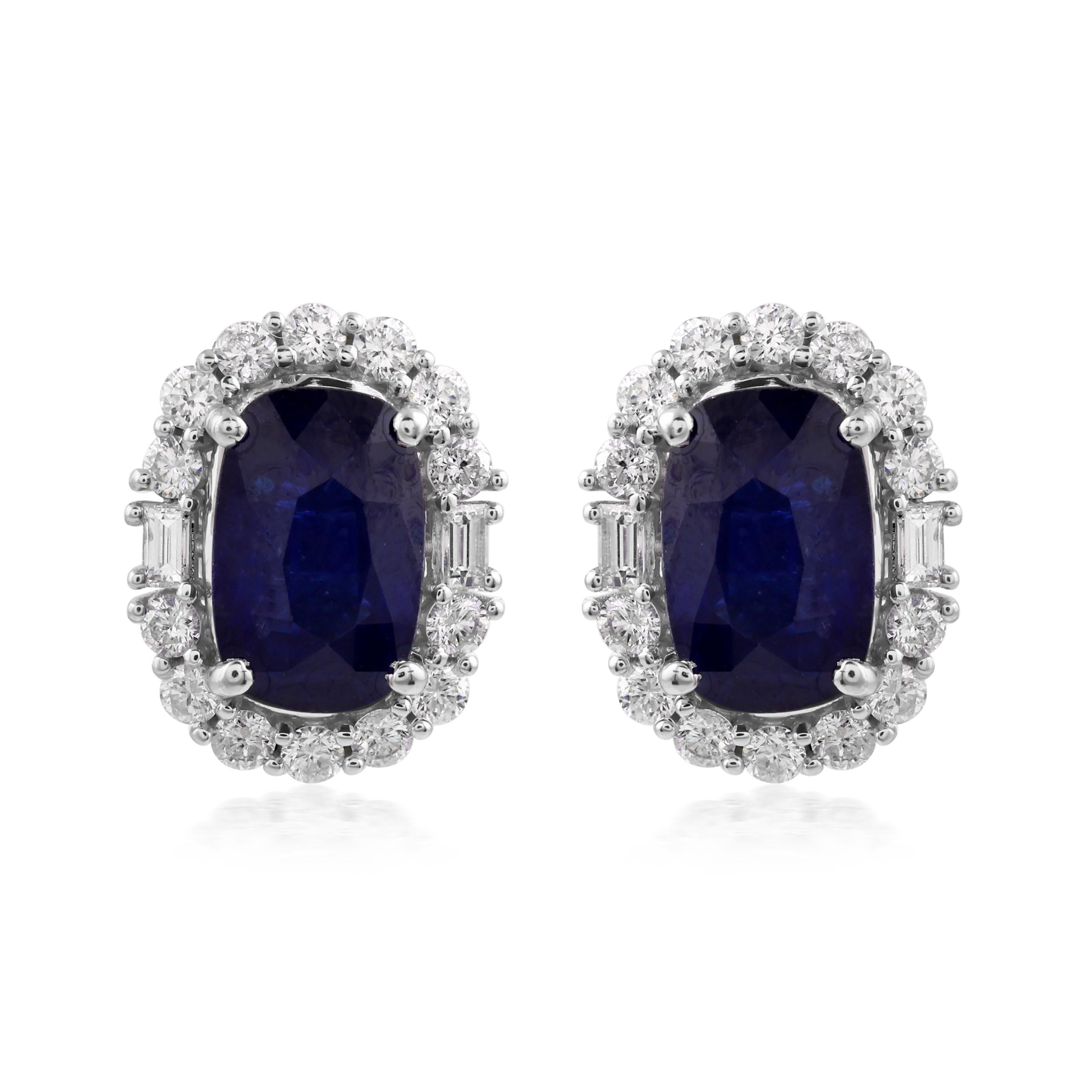 6.42cts Oval Cut Blue Sapphire 1.02cts Halo Diamond Stud Earrings 18k White Gold For Sale 2