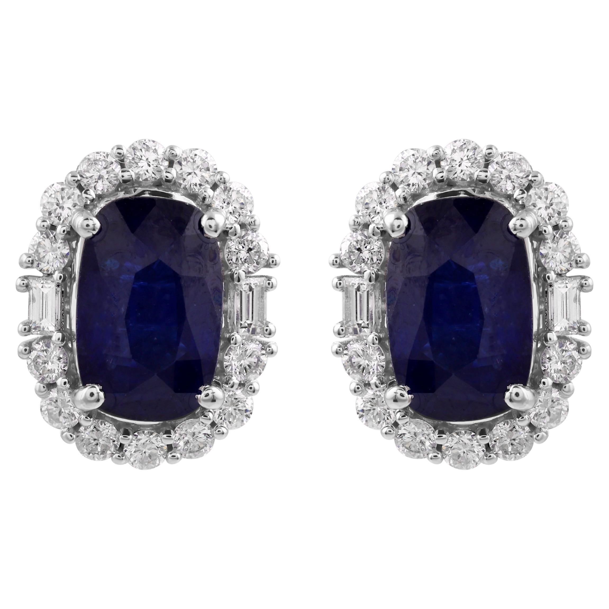 6.42cts Oval Cut Blue Sapphire 1.02cts Halo Diamond Stud Earrings 18k White Gold