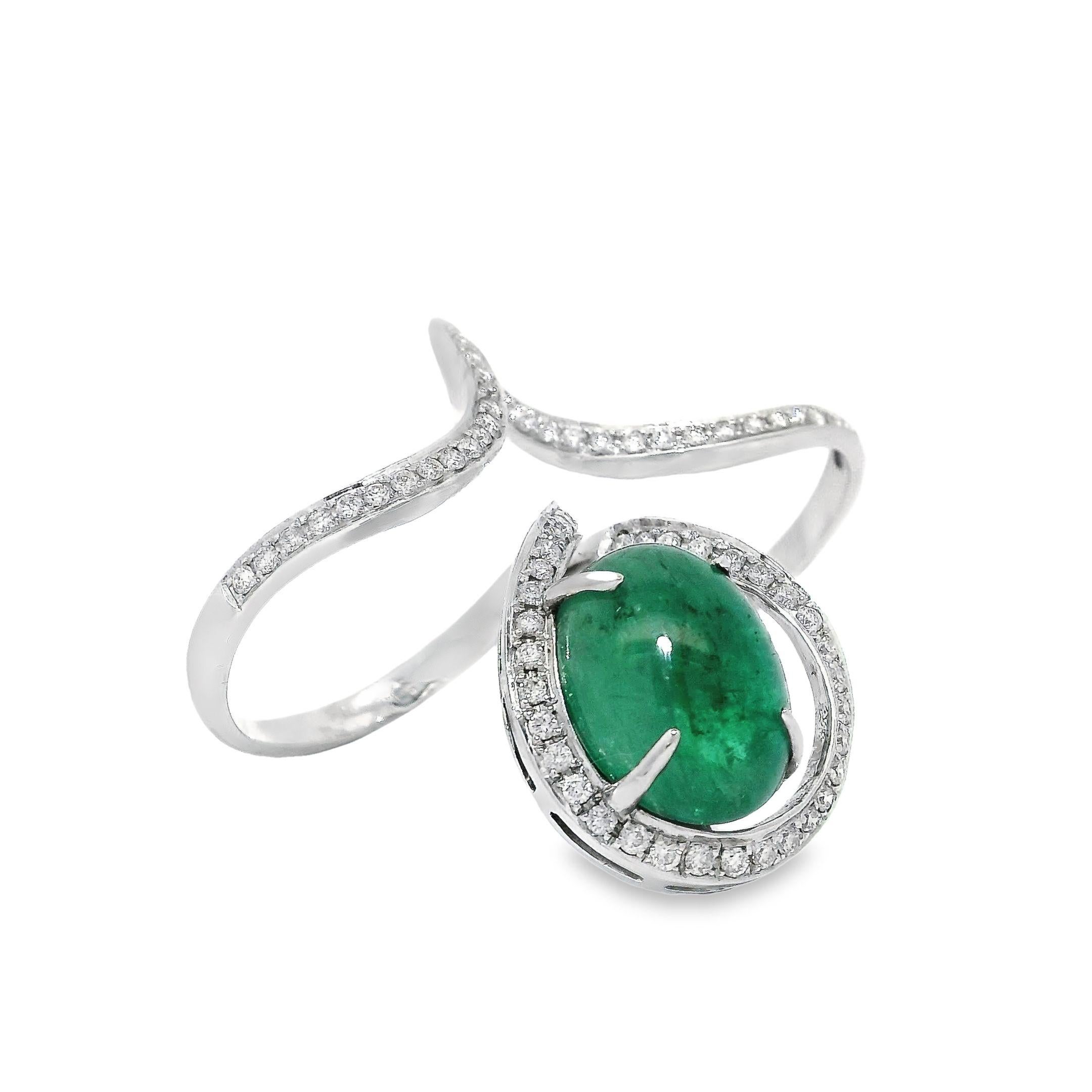 Contemporary 6.43 carat Cabochon Emerald Two-Finger Ring with Diamond in 18K White Gold For Sale