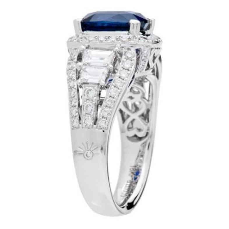 6.43 Carat Cushion Cut Ceylon Sapphire and Diamond Ring 18Kt White Gold In New Condition For Sale In Road Town, VG