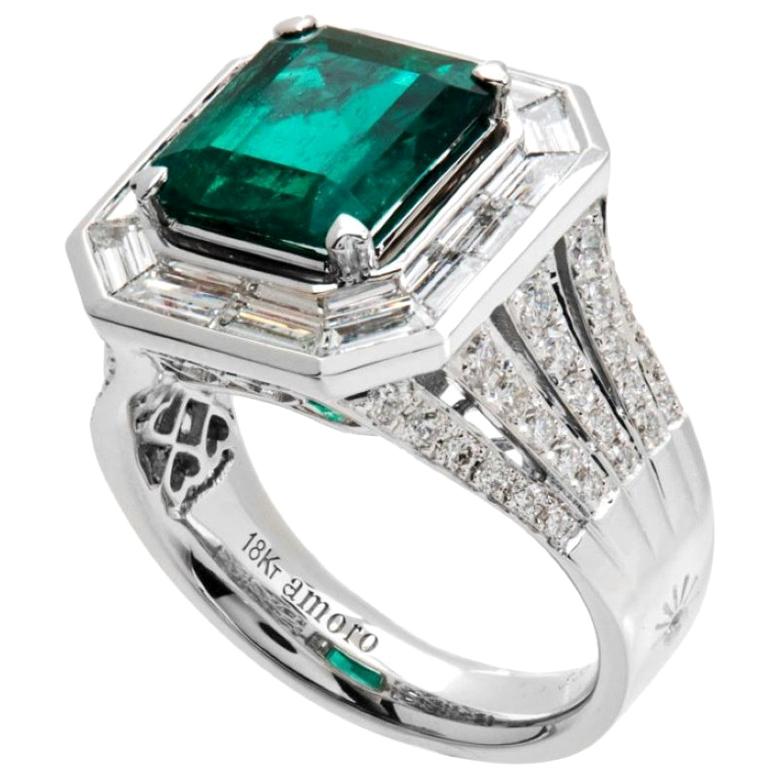 6.43 Carat Emerald Cut Colombian Emerald and Diamond Ring in 18 Karat White Gold For Sale