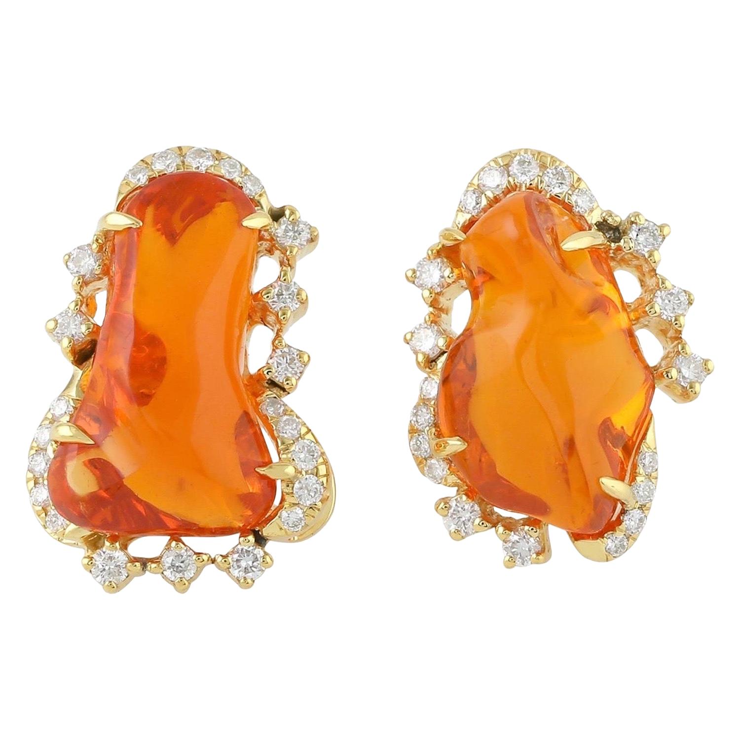 6.43 Carat Fire Opal 18 Karat Gold Diamond Stud Earrings For Sale