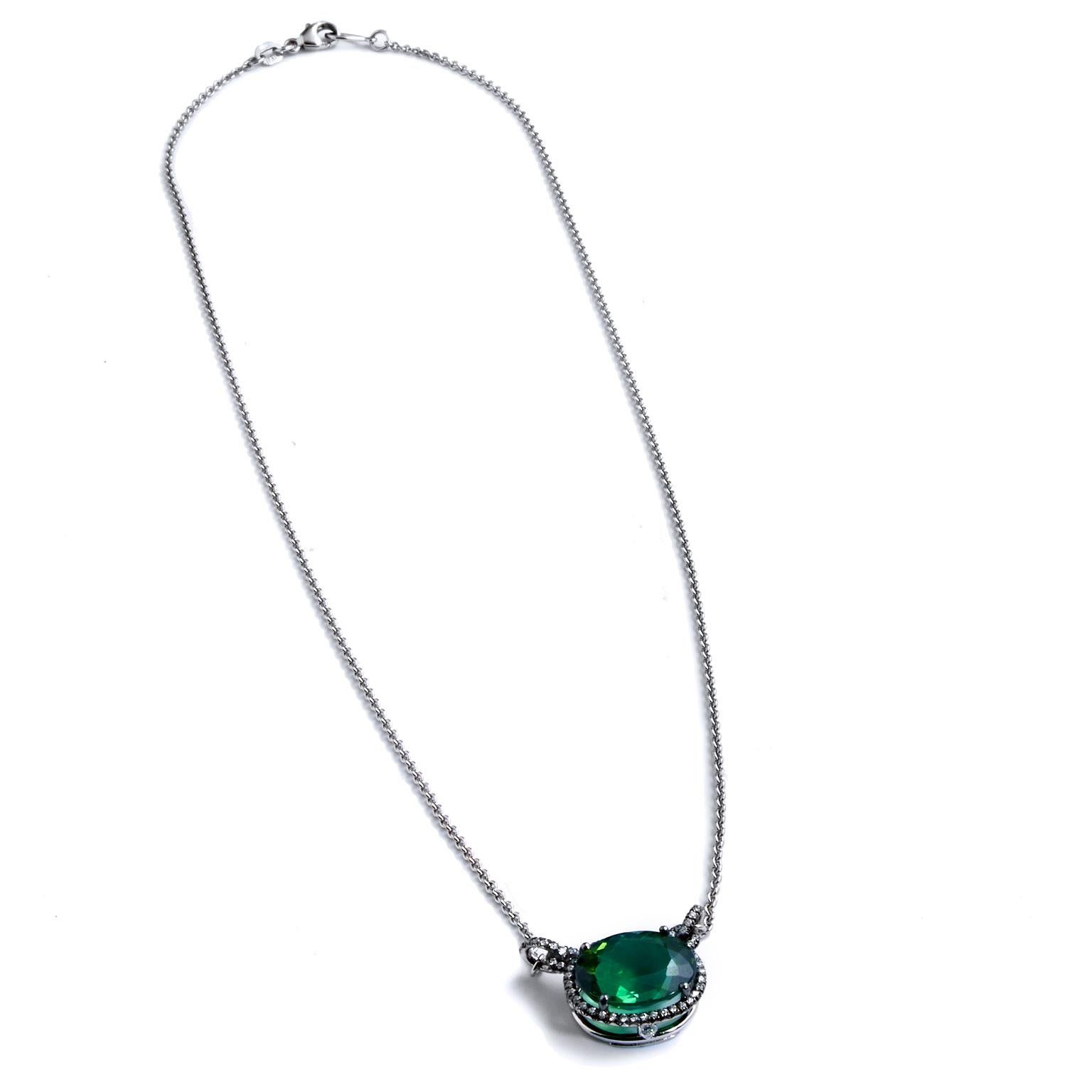 Oval Cut 6.43 Carat Green Tourmaline and Diamond Pendant Halo Necklace in 18 karat Gold  For Sale