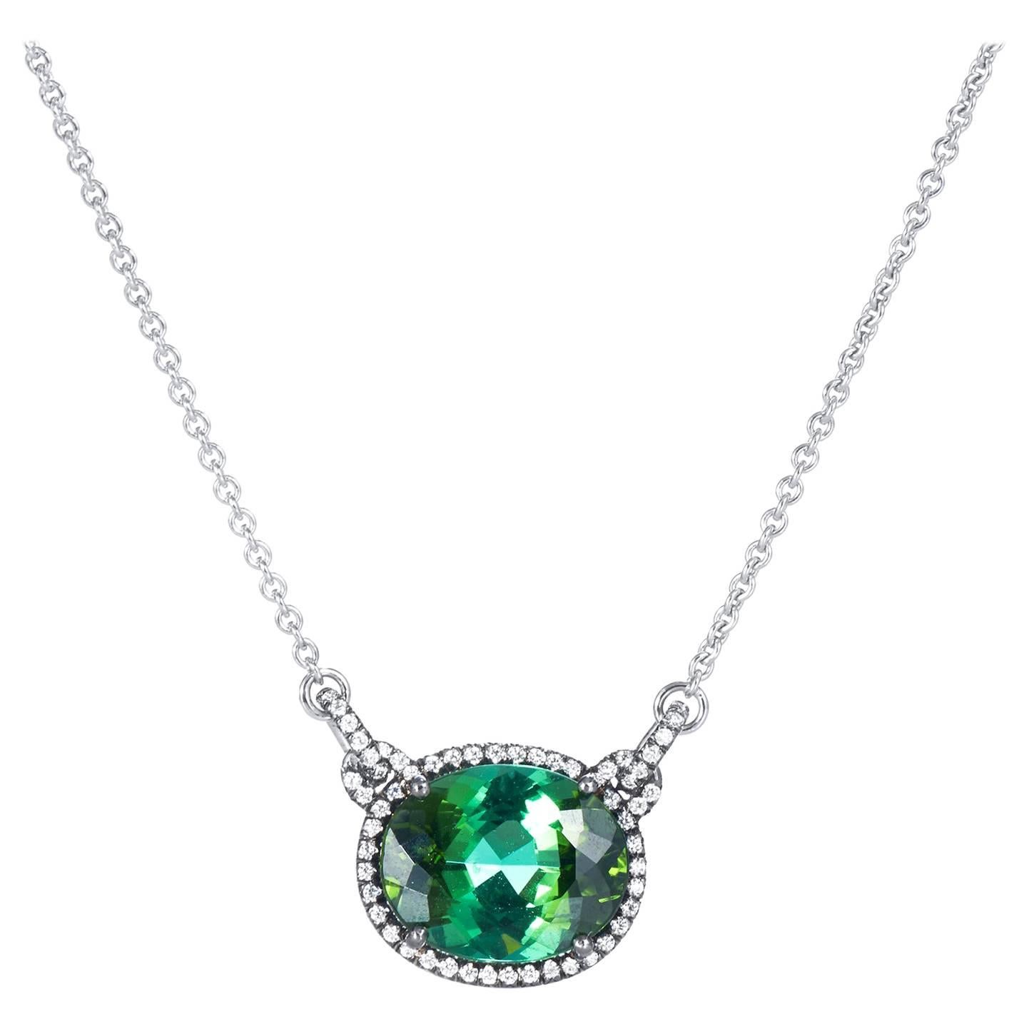 6.43 Carat Green Tourmaline and Diamond Pendant Halo Necklace in 18 karat Gold 