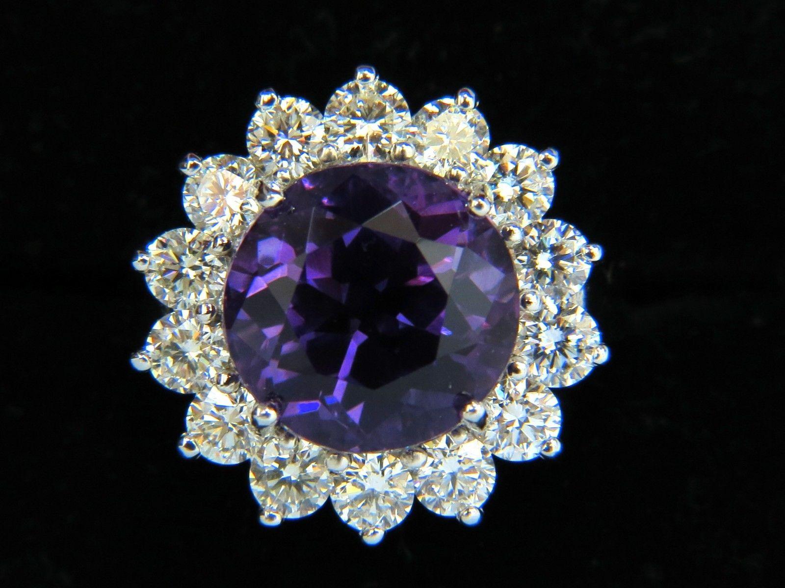 Round Cut 6.43 Carat Natural Brilliant Round Bright Purple Amethyst Diamond Ring 14 Karat