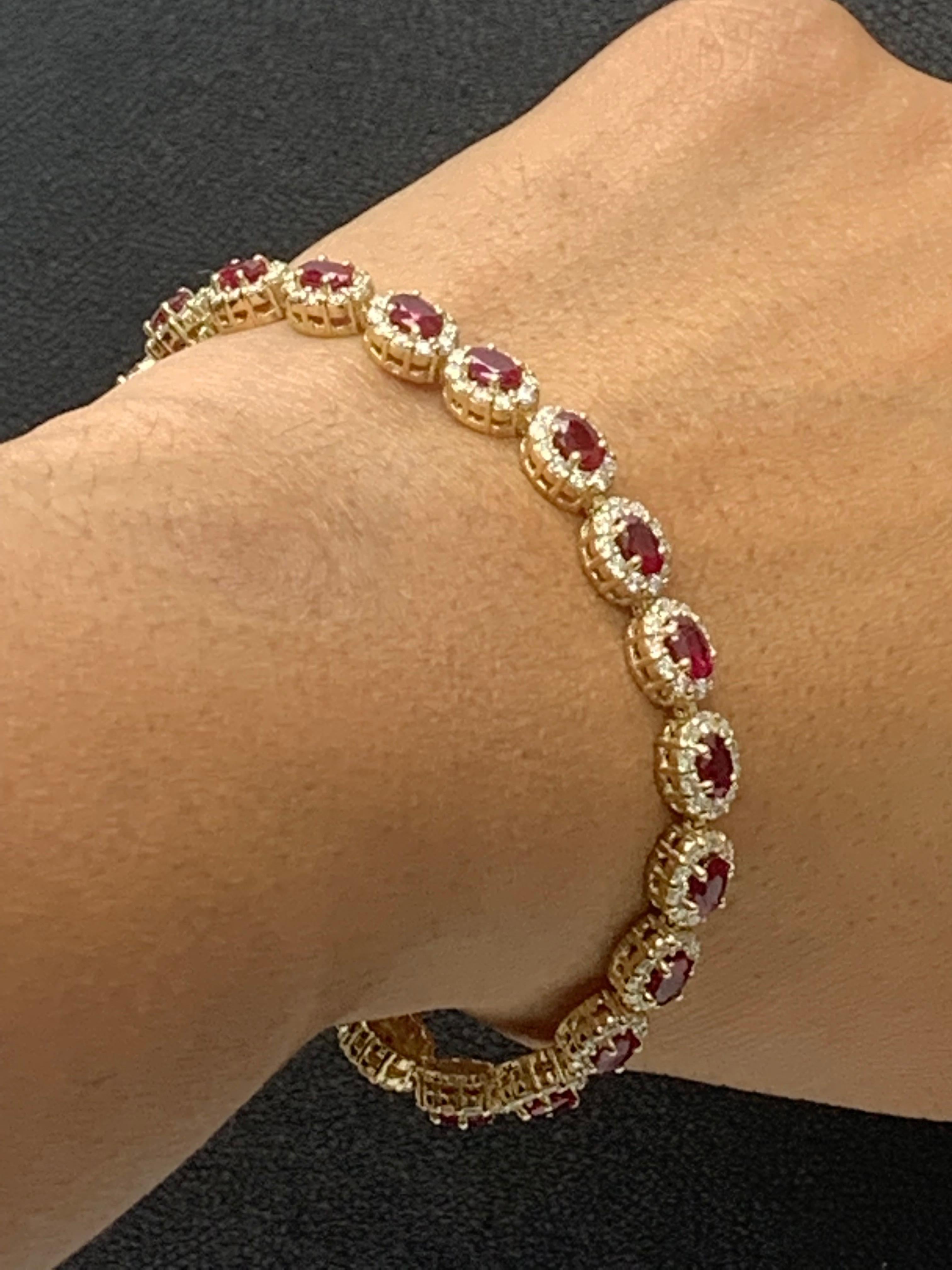 6.43 Carat Oval Cut Ruby and Diamond Halo Bracelet in 14K Yellow Gold For Sale 5