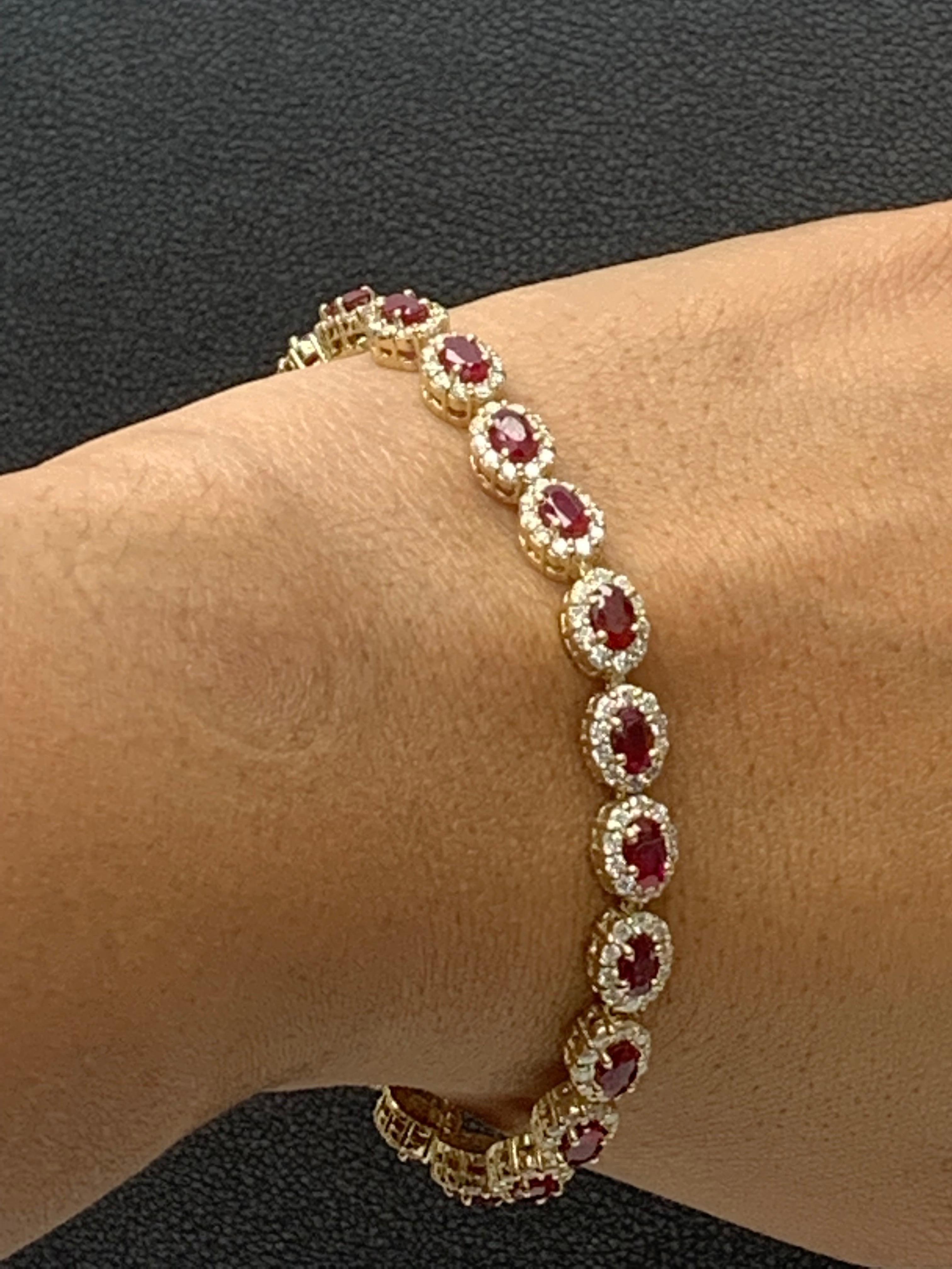 6.43 Carat Oval Cut Ruby and Diamond Halo Bracelet in 14K Yellow Gold For Sale 6