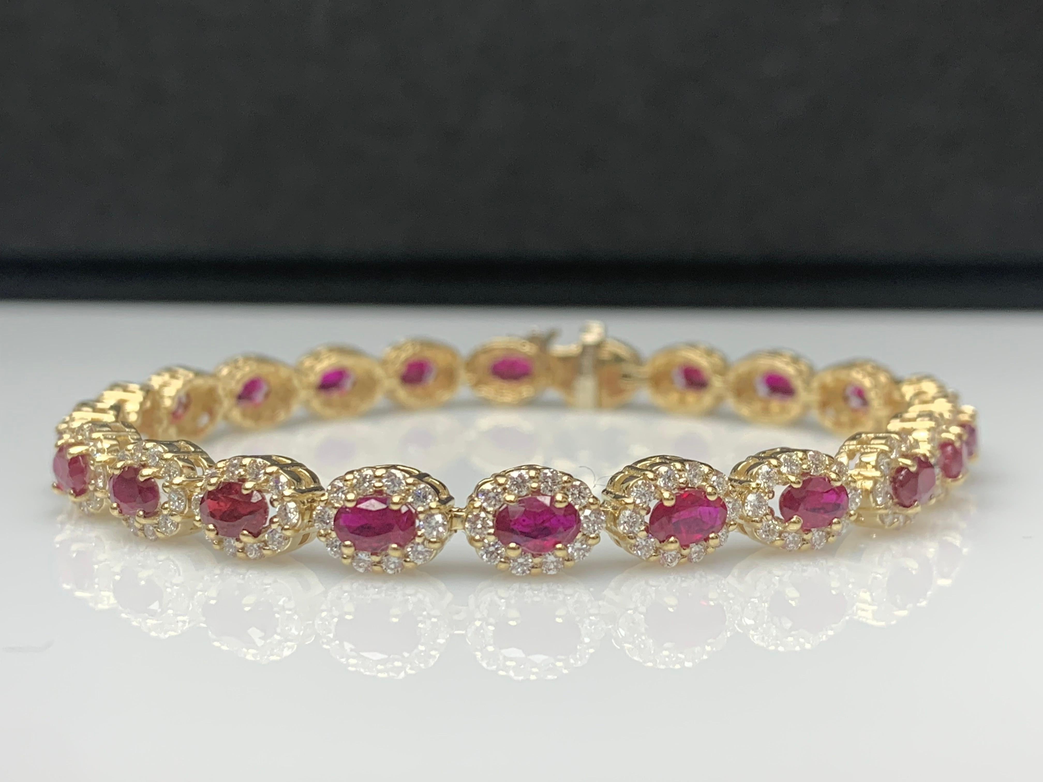 A beautiful Ruby and diamond bracelet showcasing color-rich Rubies, surrounded by a single row of brilliant round diamonds. 22 Oval cut rubies weigh 6.43 carats total; 220 accent diamonds weigh 3.08 carats total.

Style is available in different
