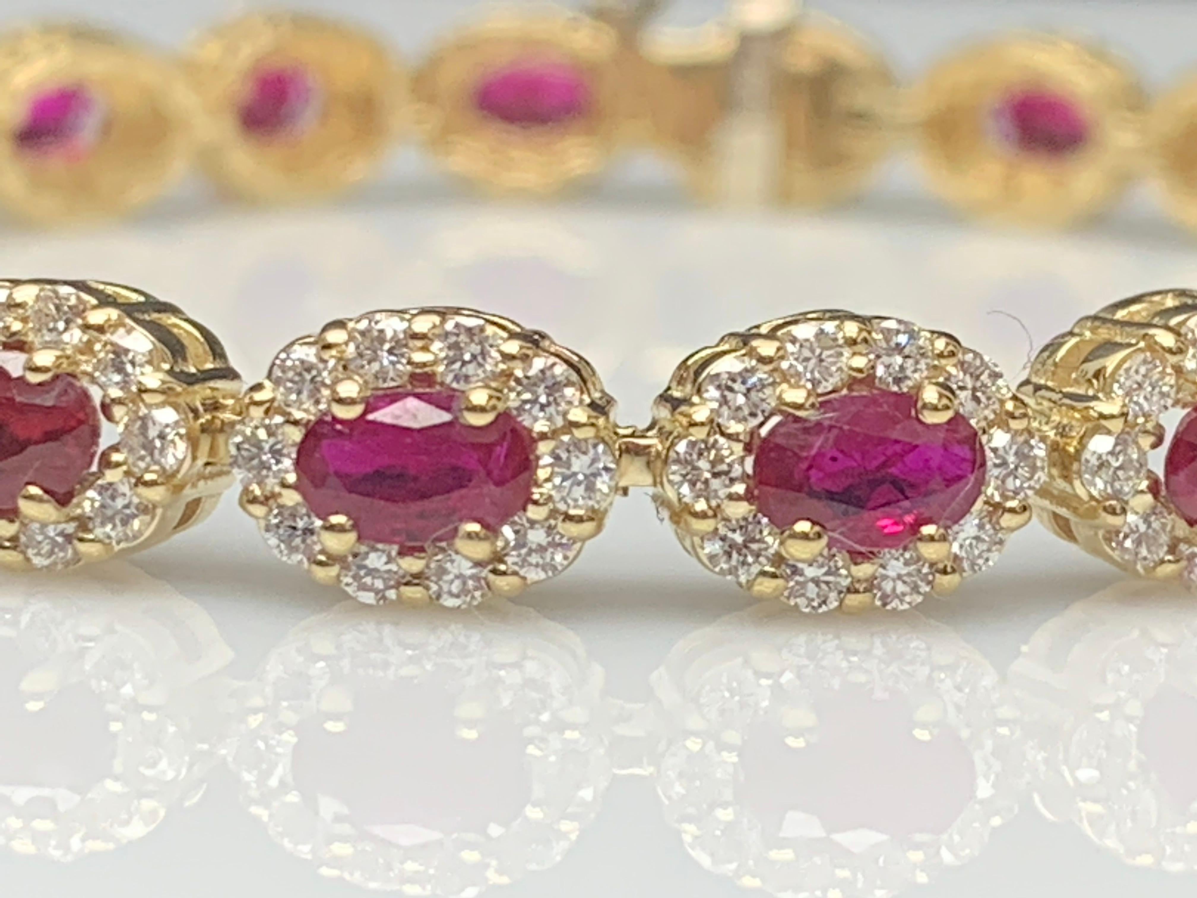 Modern 6.43 Carat Oval Cut Ruby and Diamond Halo Bracelet in 14K Yellow Gold For Sale