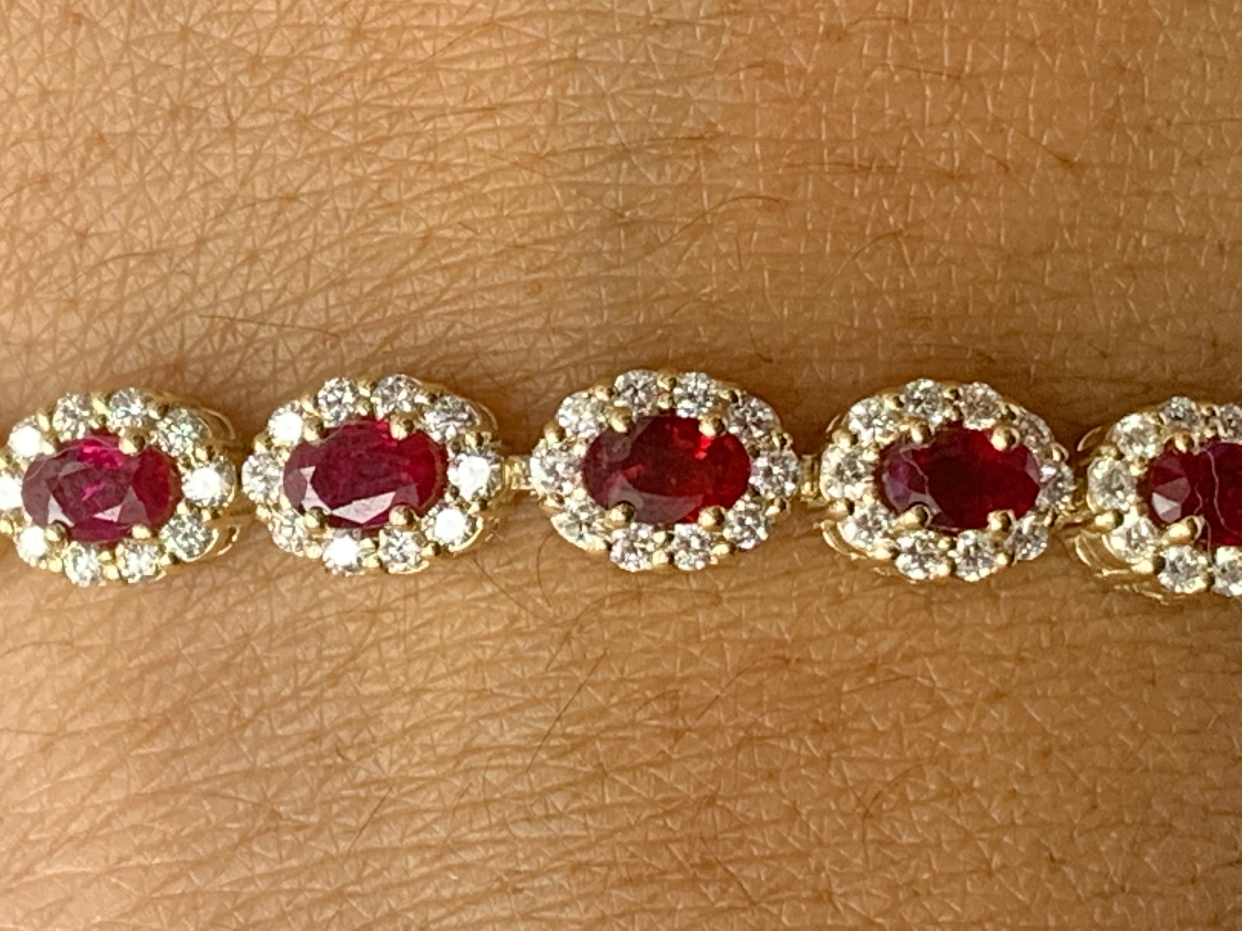 Women's 6.43 Carat Oval Cut Ruby and Diamond Halo Bracelet in 14K Yellow Gold For Sale