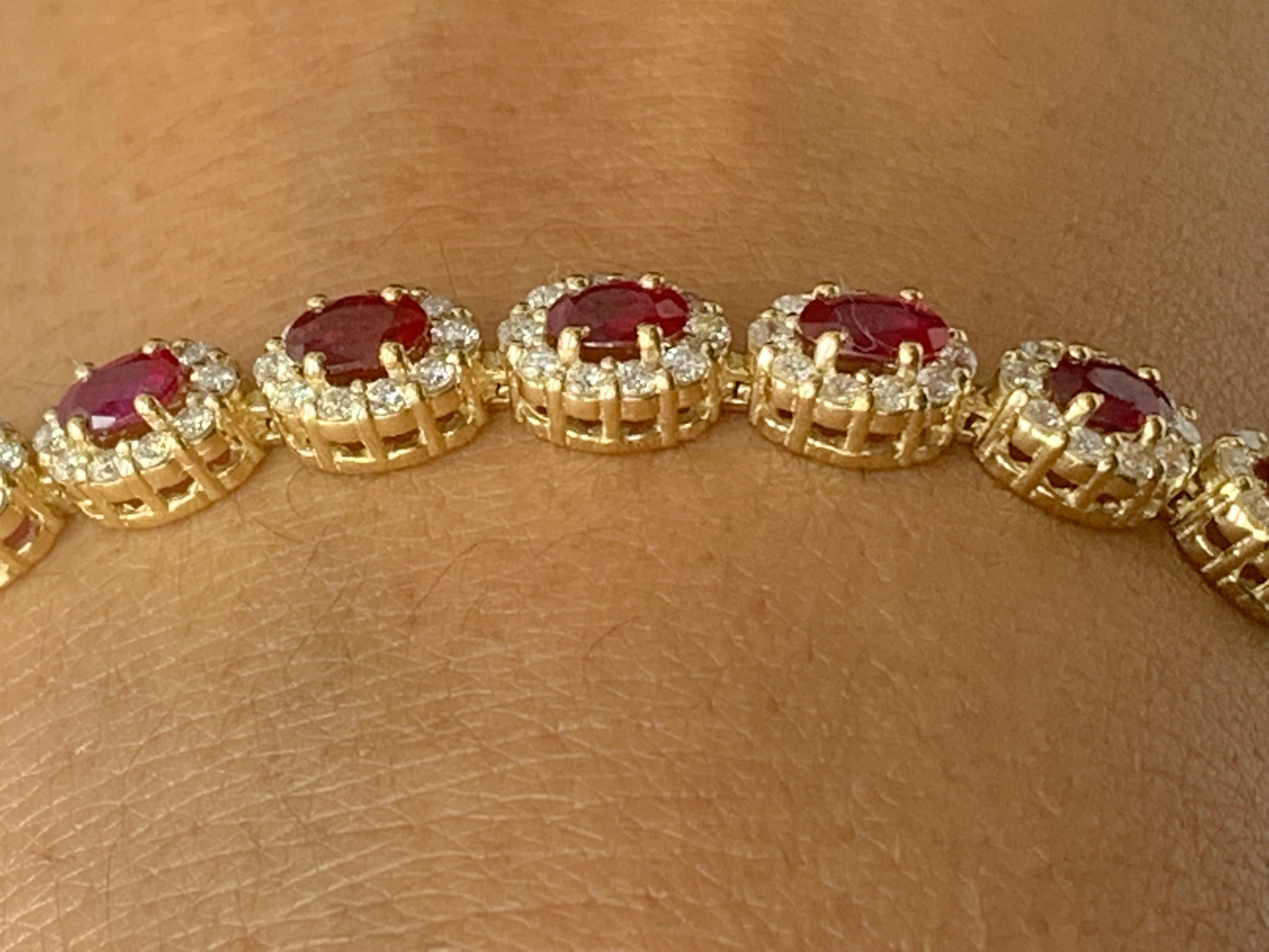 6.43 Carat Oval Cut Ruby and Diamond Halo Bracelet in 14K Yellow Gold For Sale 1