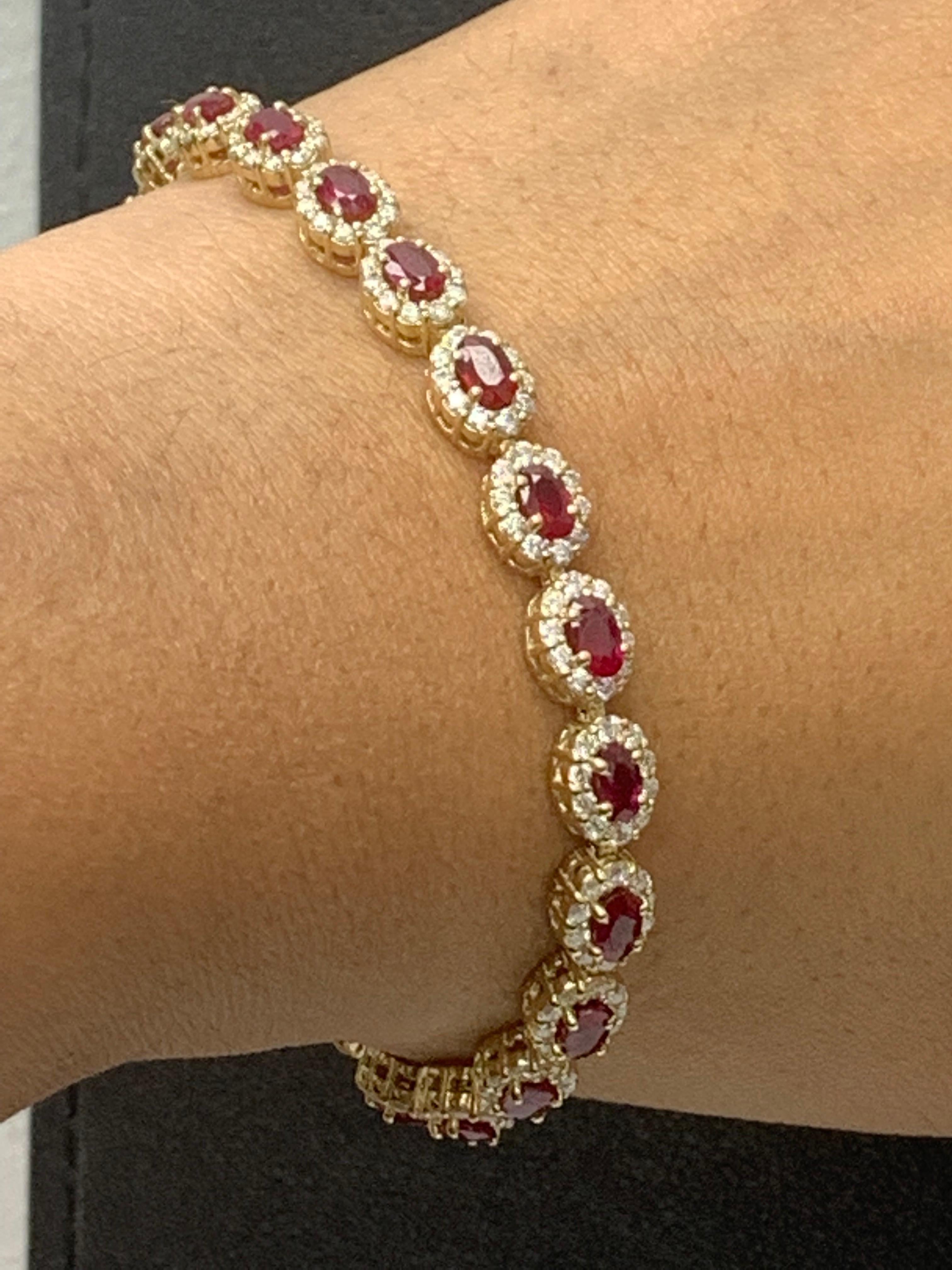 6.43 Carat Oval Cut Ruby and Diamond Halo Bracelet in 14K Yellow Gold For Sale 2