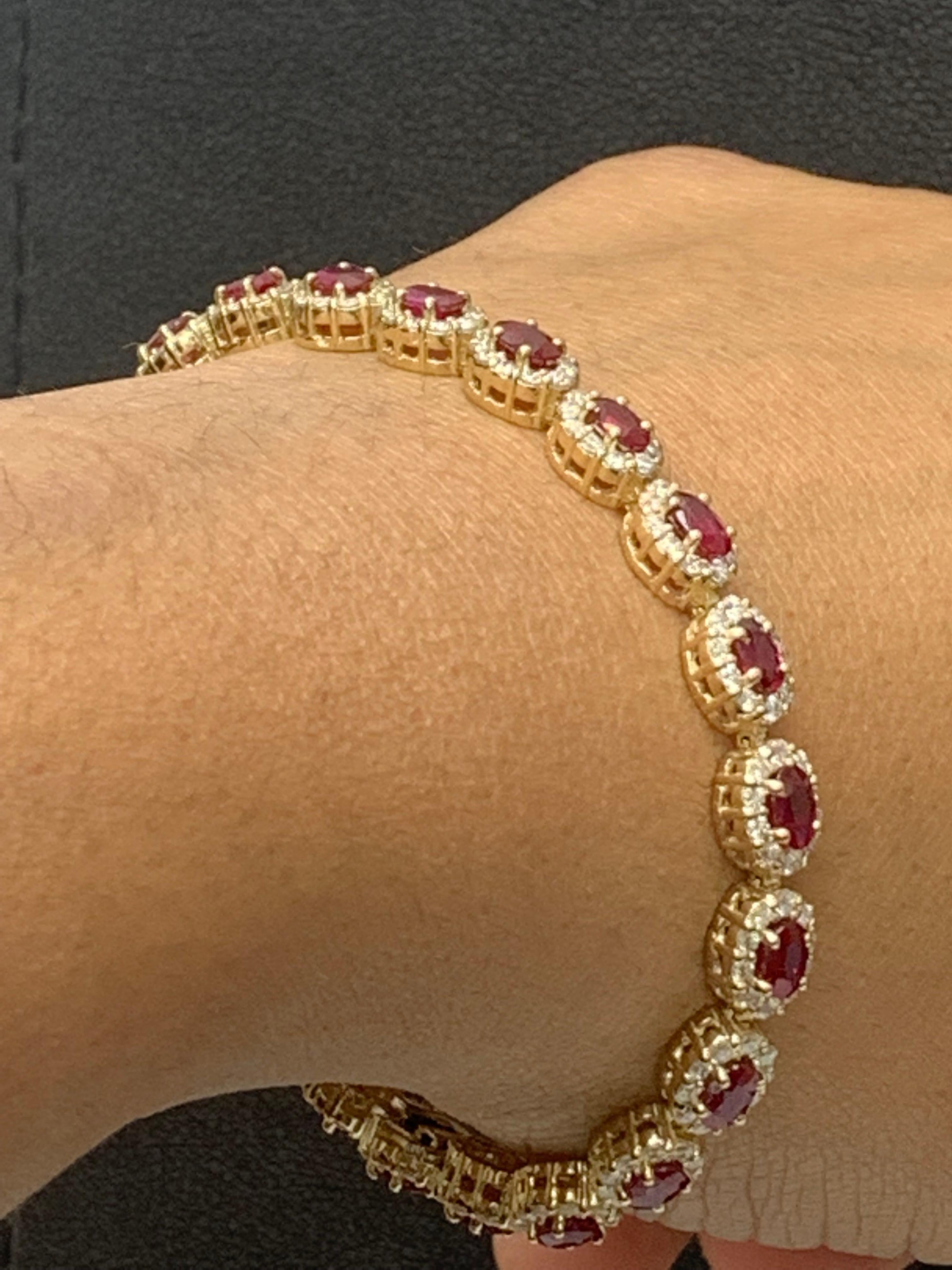 6.43 Carat Oval Cut Ruby and Diamond Halo Bracelet in 14K Yellow Gold For Sale 3