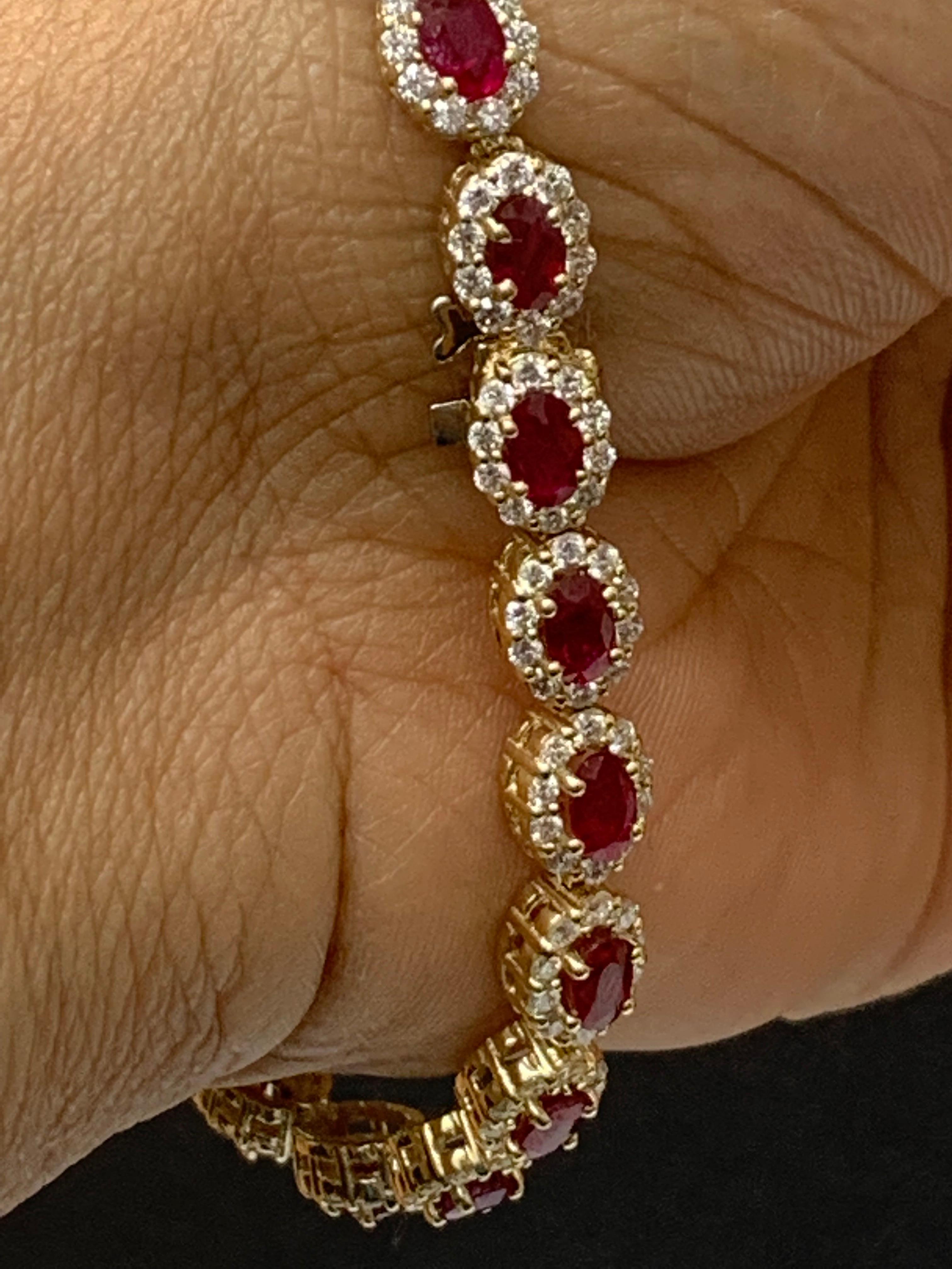 6.43 Carat Oval Cut Ruby and Diamond Halo Bracelet in 14K Yellow Gold For Sale 4