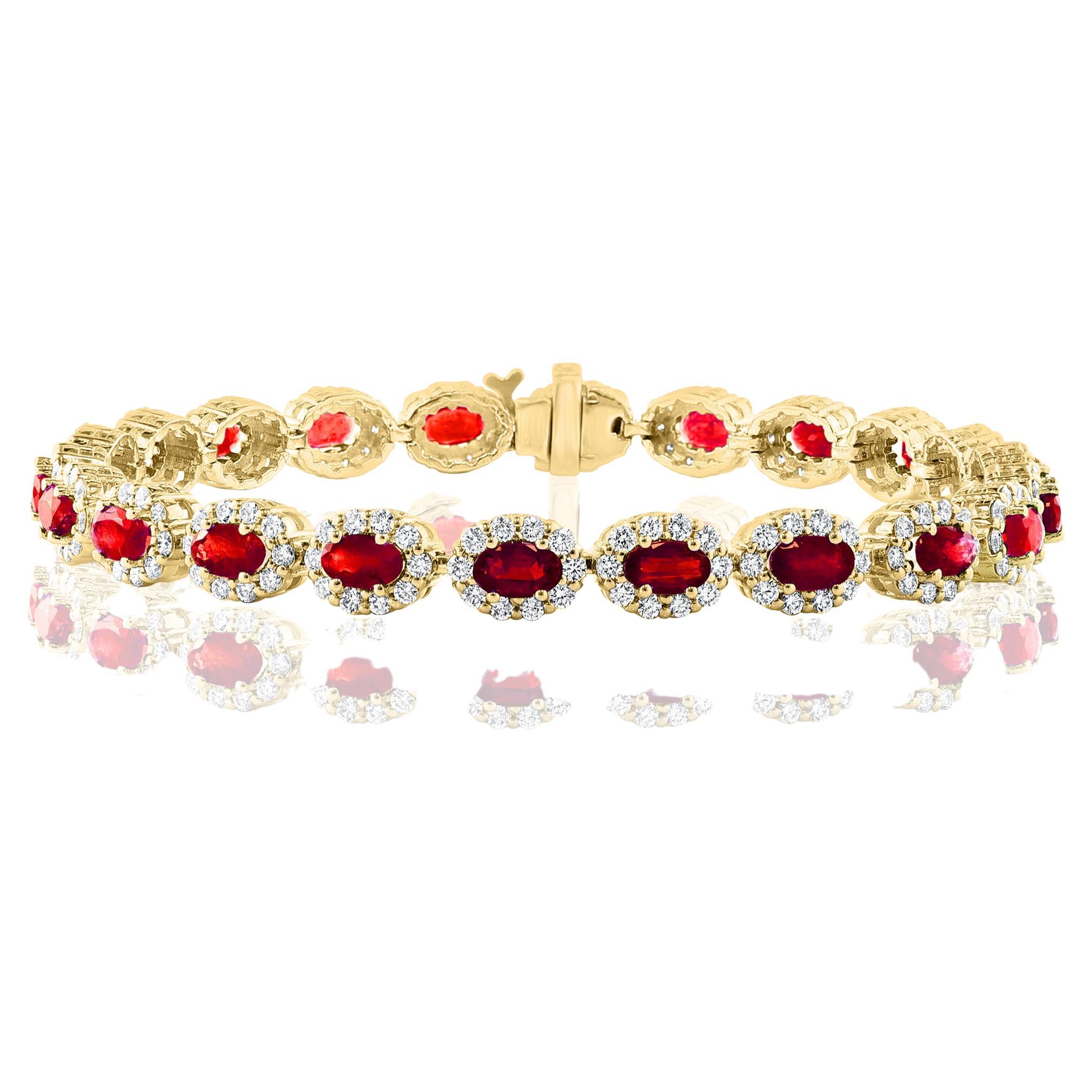 6.43 Carat Oval Cut Ruby and Diamond Halo Bracelet in 14K Yellow Gold For Sale