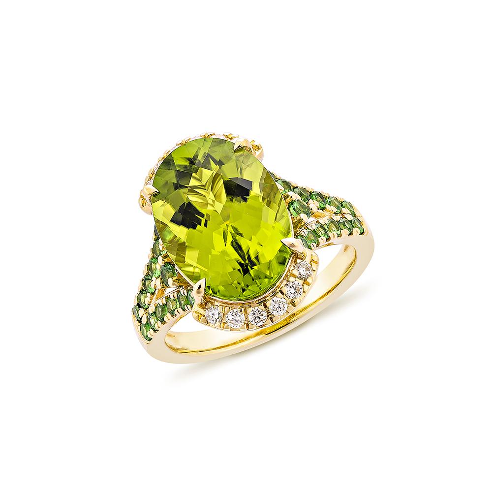 Contemporary 6.43 Carat Peridot Fancy Ring in 18KYG with Tsavorite and White Diamond.   For Sale