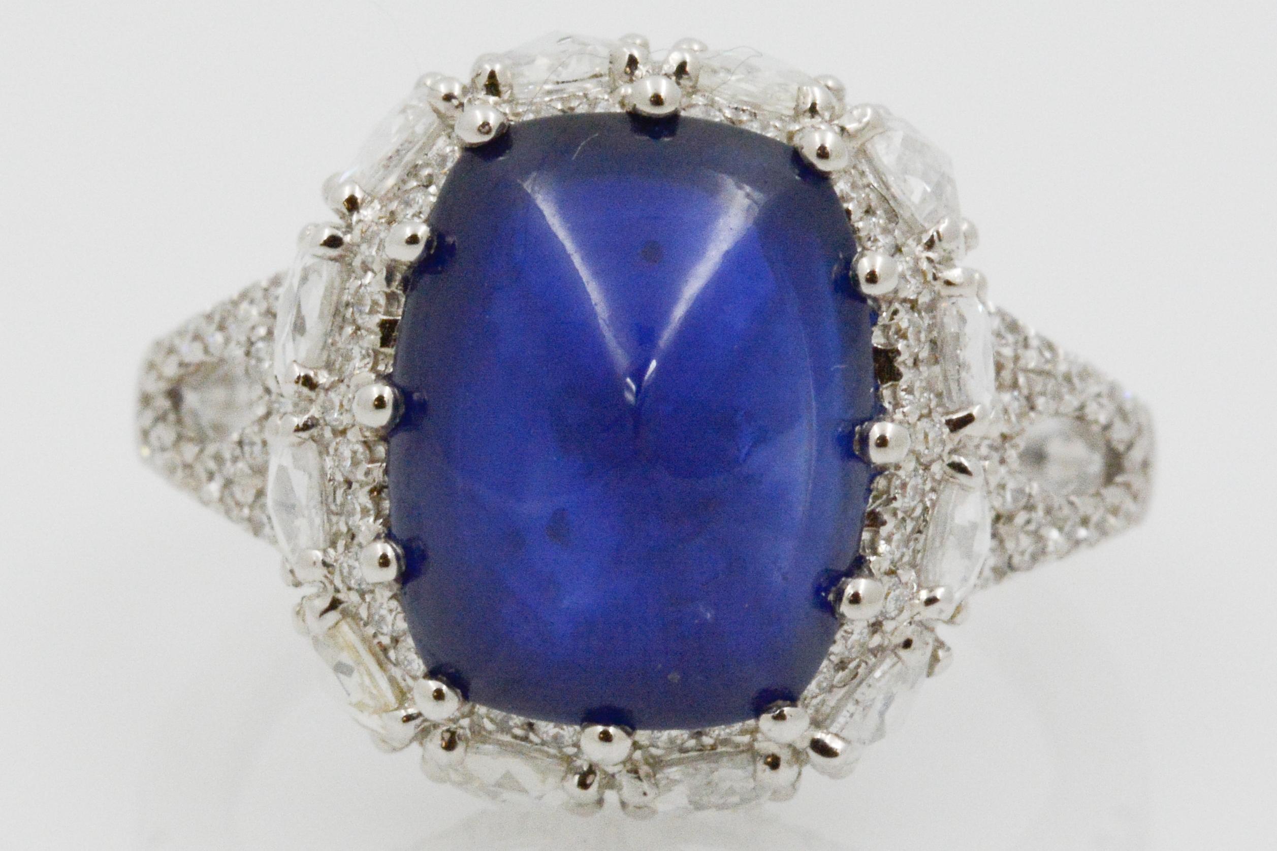 6.44 Carat Blue Sapphire Sugar Loaf and Diamond Ring 4