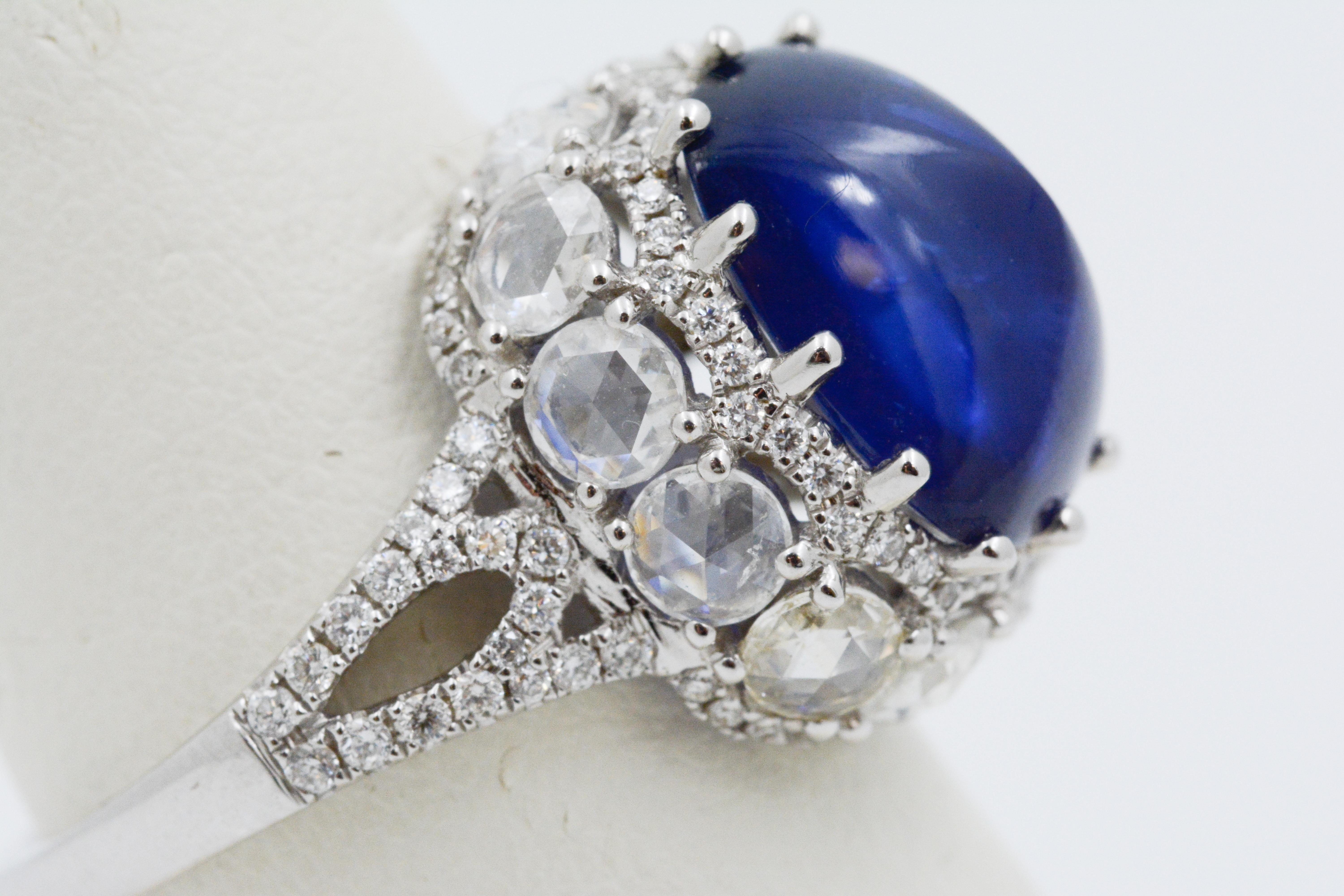 6.44 Carat Blue Sapphire Sugar Loaf and Diamond Ring In New Condition In Dallas, TX