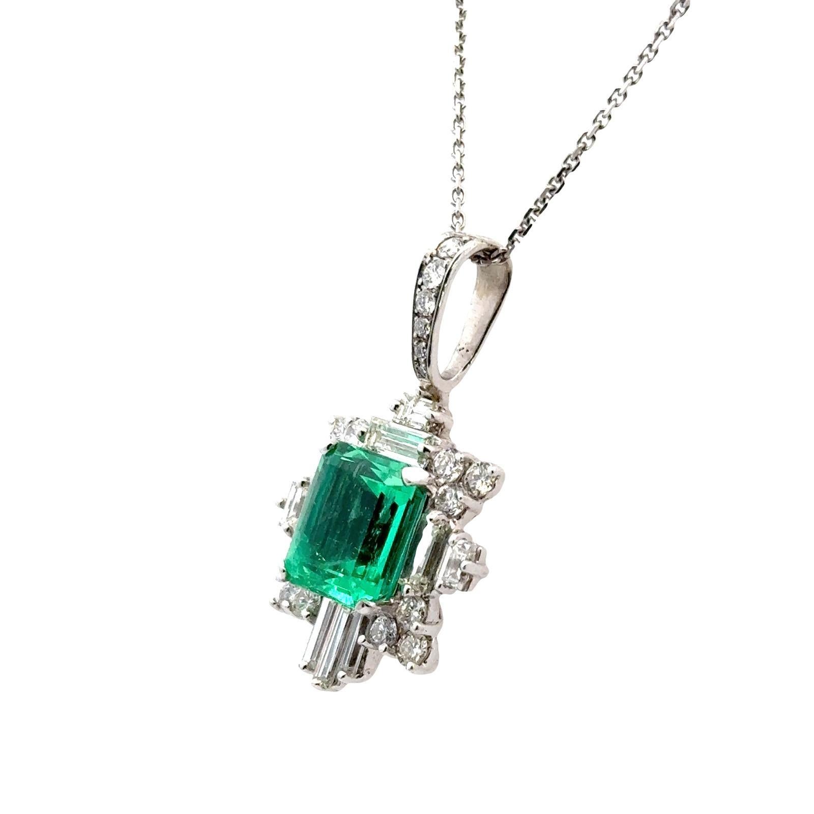 Emerald Cut 6.44 Carat Colombian Emerald Diamond 18 Karat White Gold Pendant Necklace For Sale