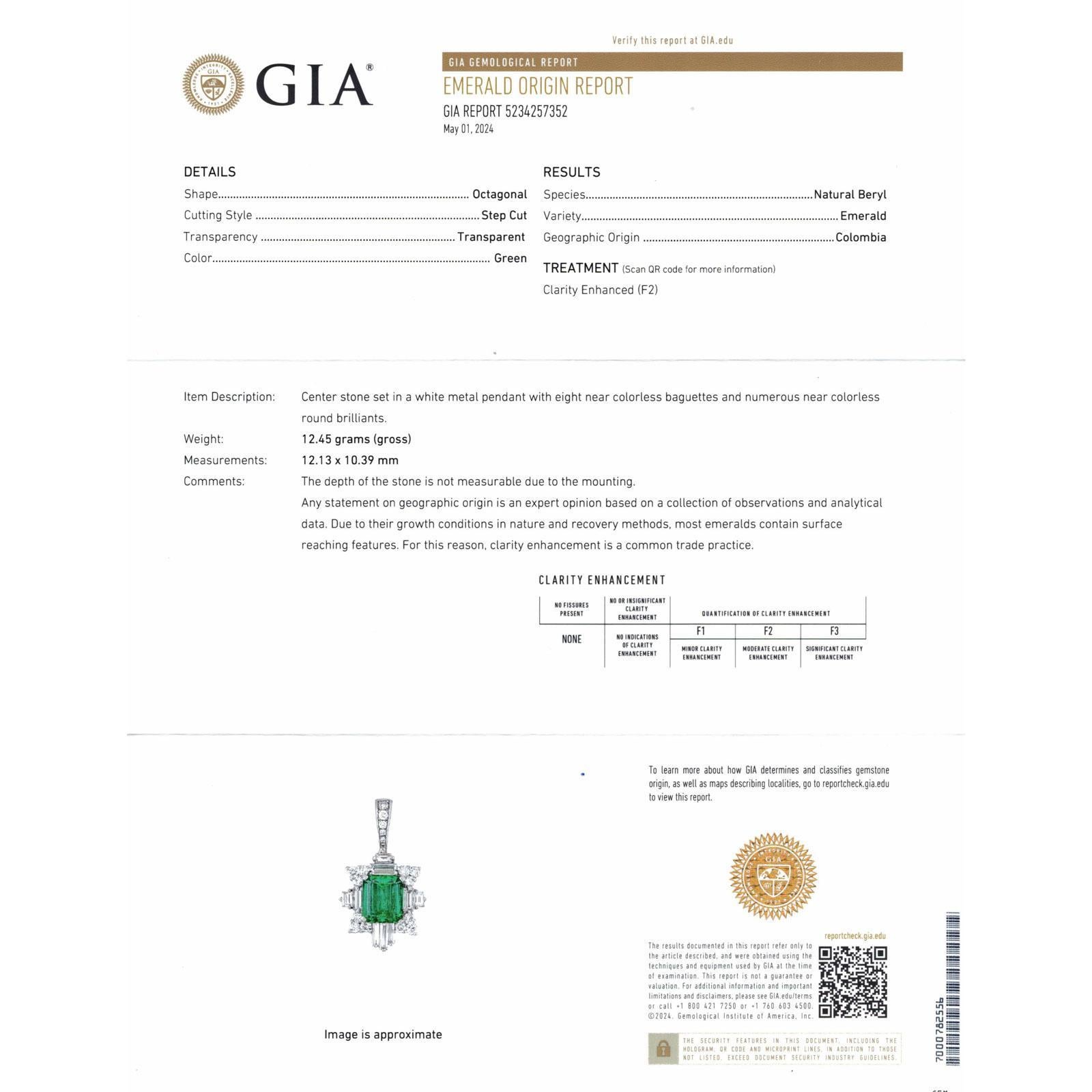 6.44 Carat Colombian Emerald Diamond 18 Karat White Gold Pendant Necklace In Excellent Condition For Sale In Boca Raton, FL