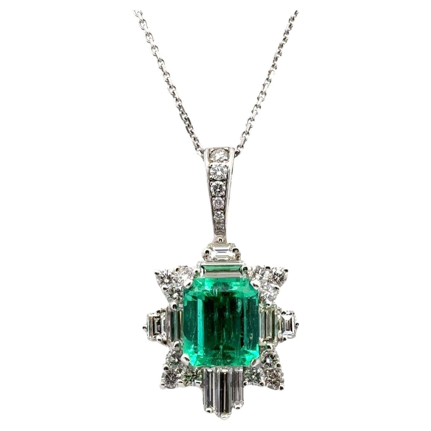 6.44 Carat Colombian Emerald Diamond 18 Karat White Gold Pendant Necklace For Sale
