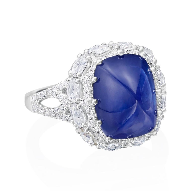 6.44 Carat Cushion Sugar Loaf Cut Blue Sapphire Diamond Ring For Sale